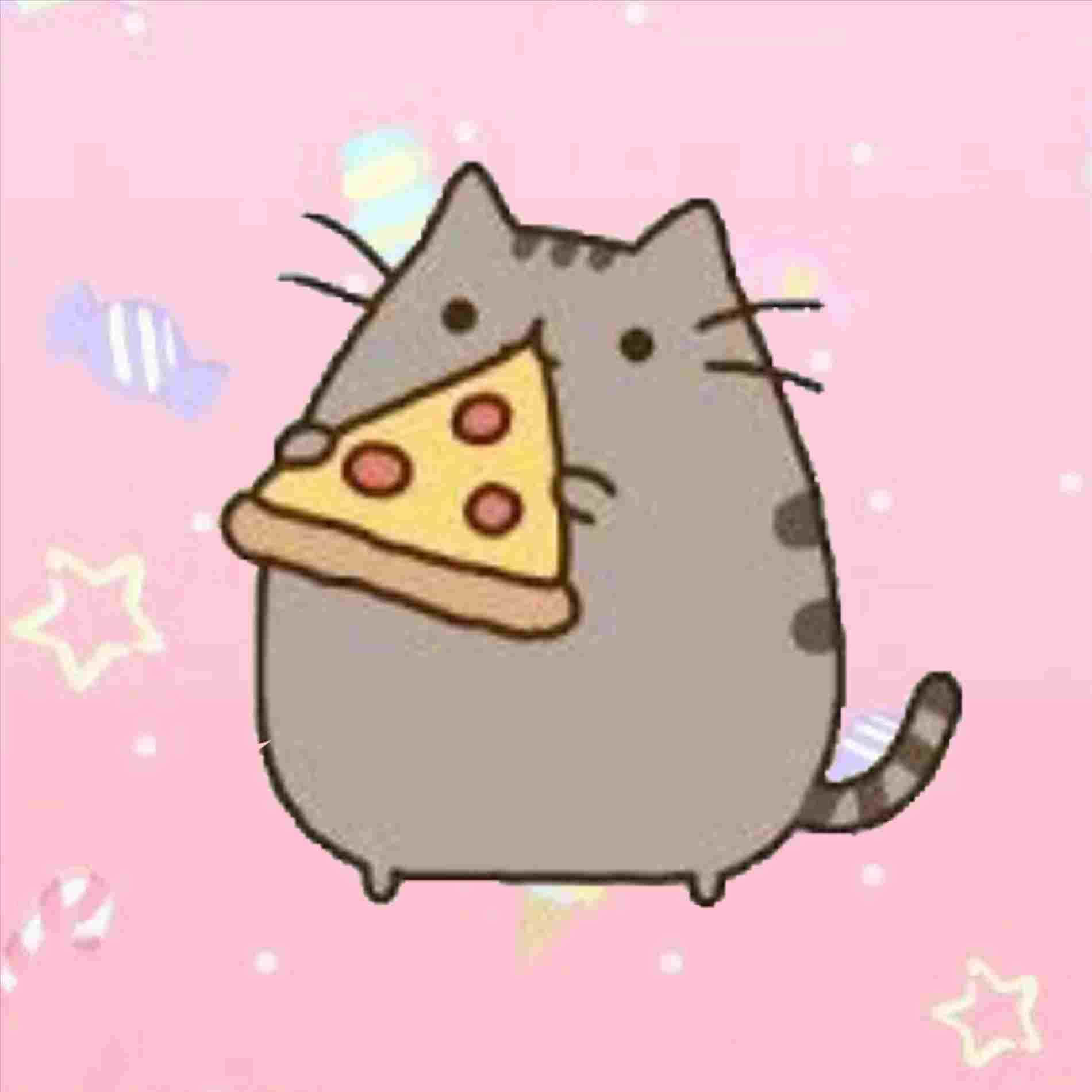 Pusheen, gray cartoon cat, pepperoni pizza, HD Desktop Wallpaper