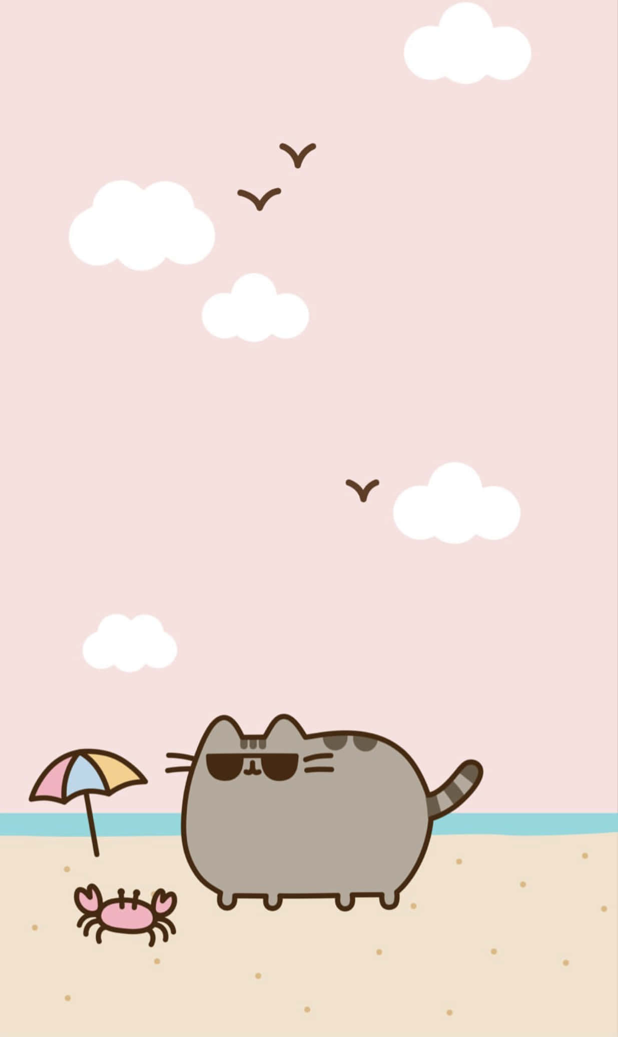 Pusheen, kawaii, sandy beach, Full HD Phone Wallpaper