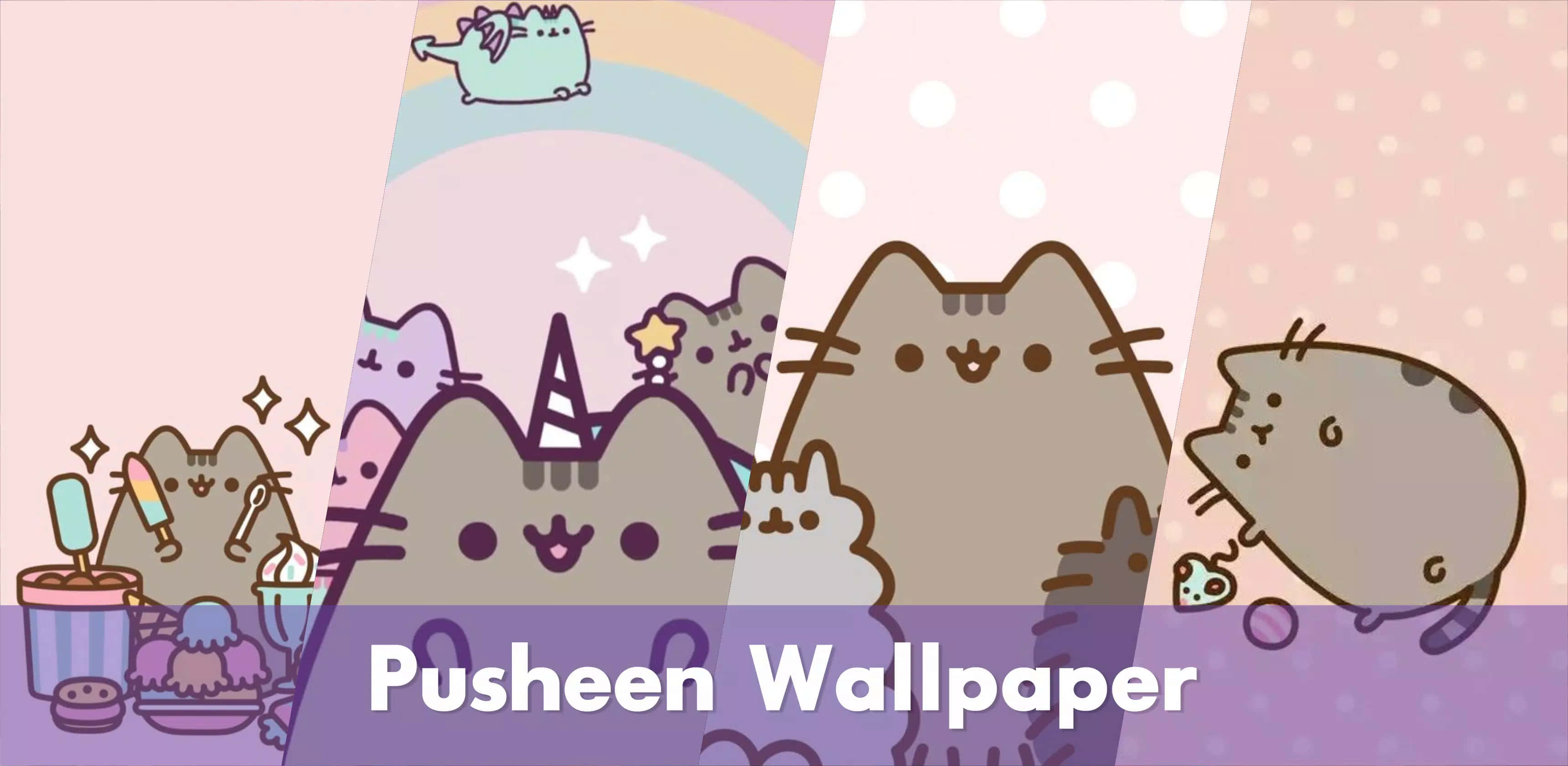 Pusheen, kawaii, pastel rainbow background, 2K Desktop Wallpaper
