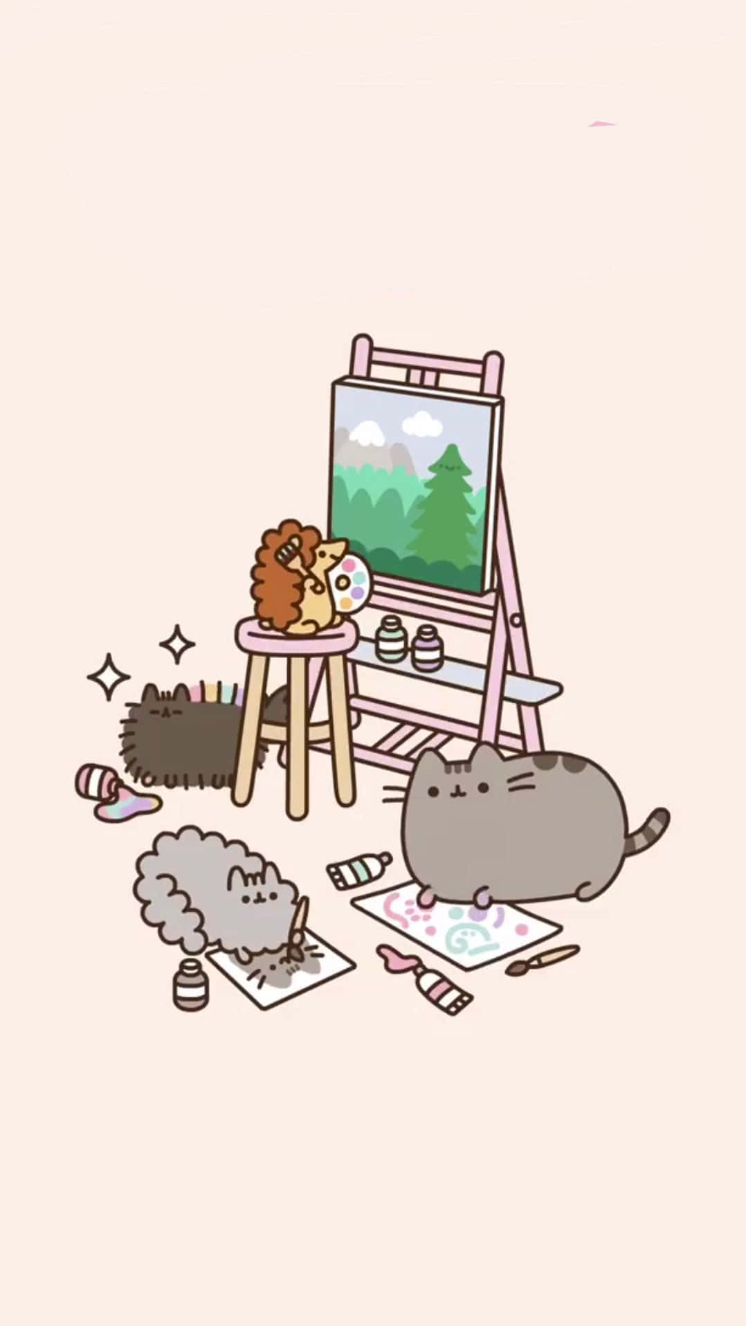 Pusheen, easel, forest scene, HD Phone Wallpaper