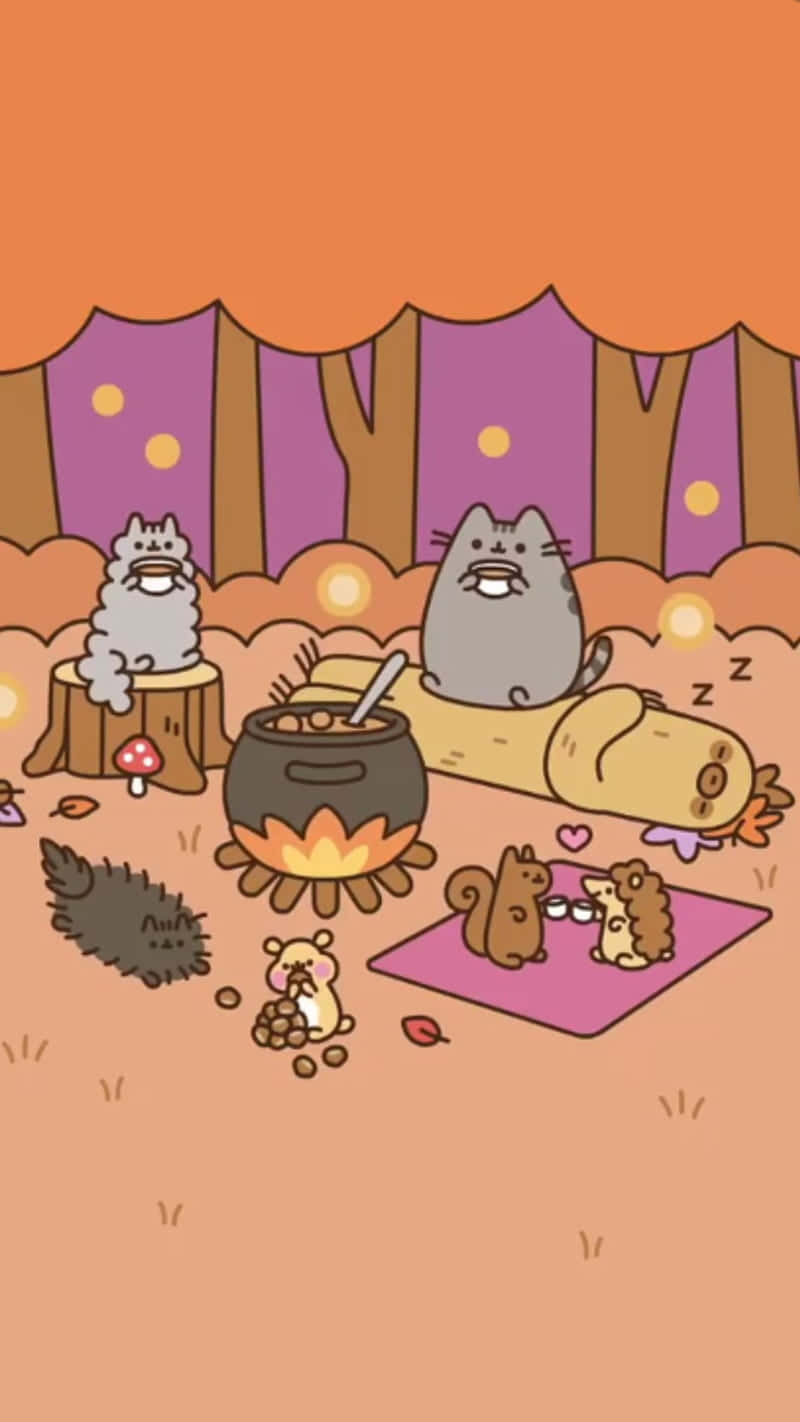 Cute Pusheen, campfire, whimsical forest, HD Phone Wallpaper
