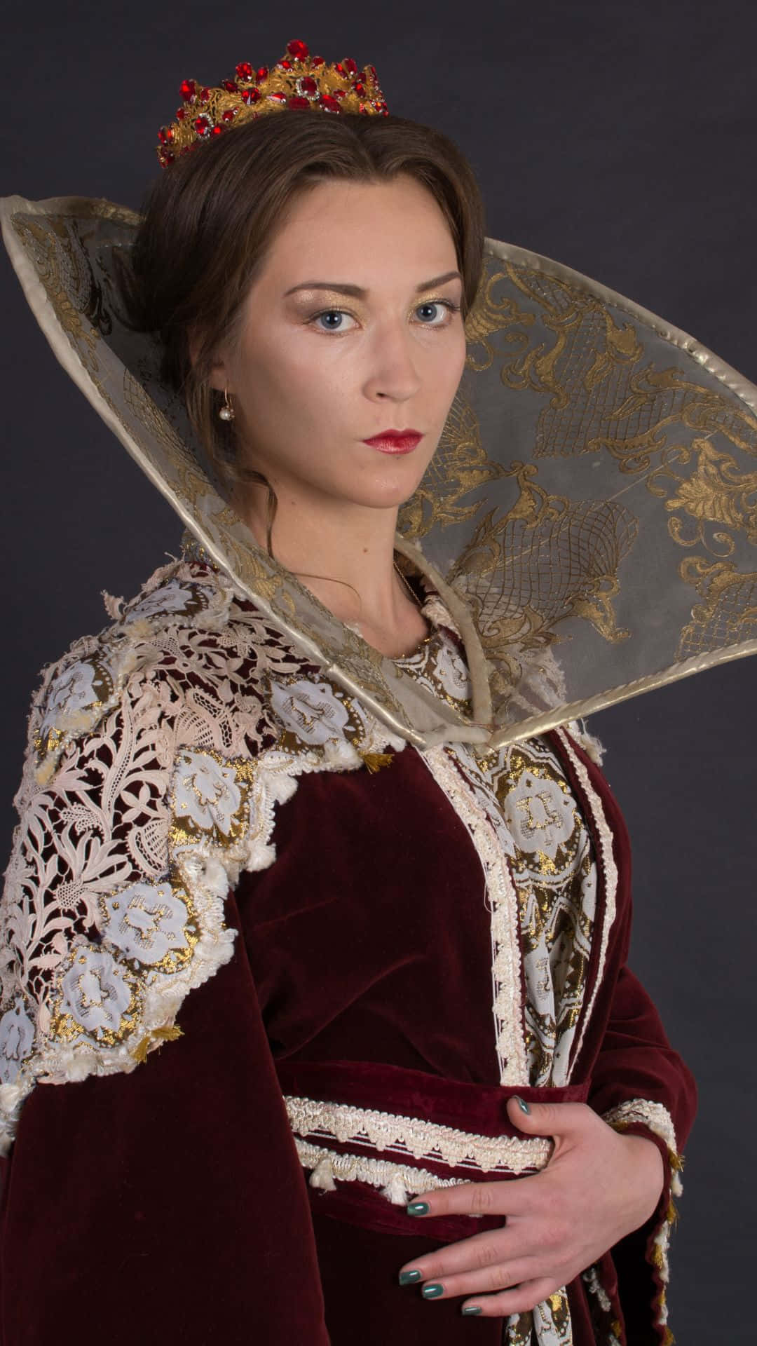 cute queen, burgundy velvet gown, white lace, Full HD Phone Wallpaper