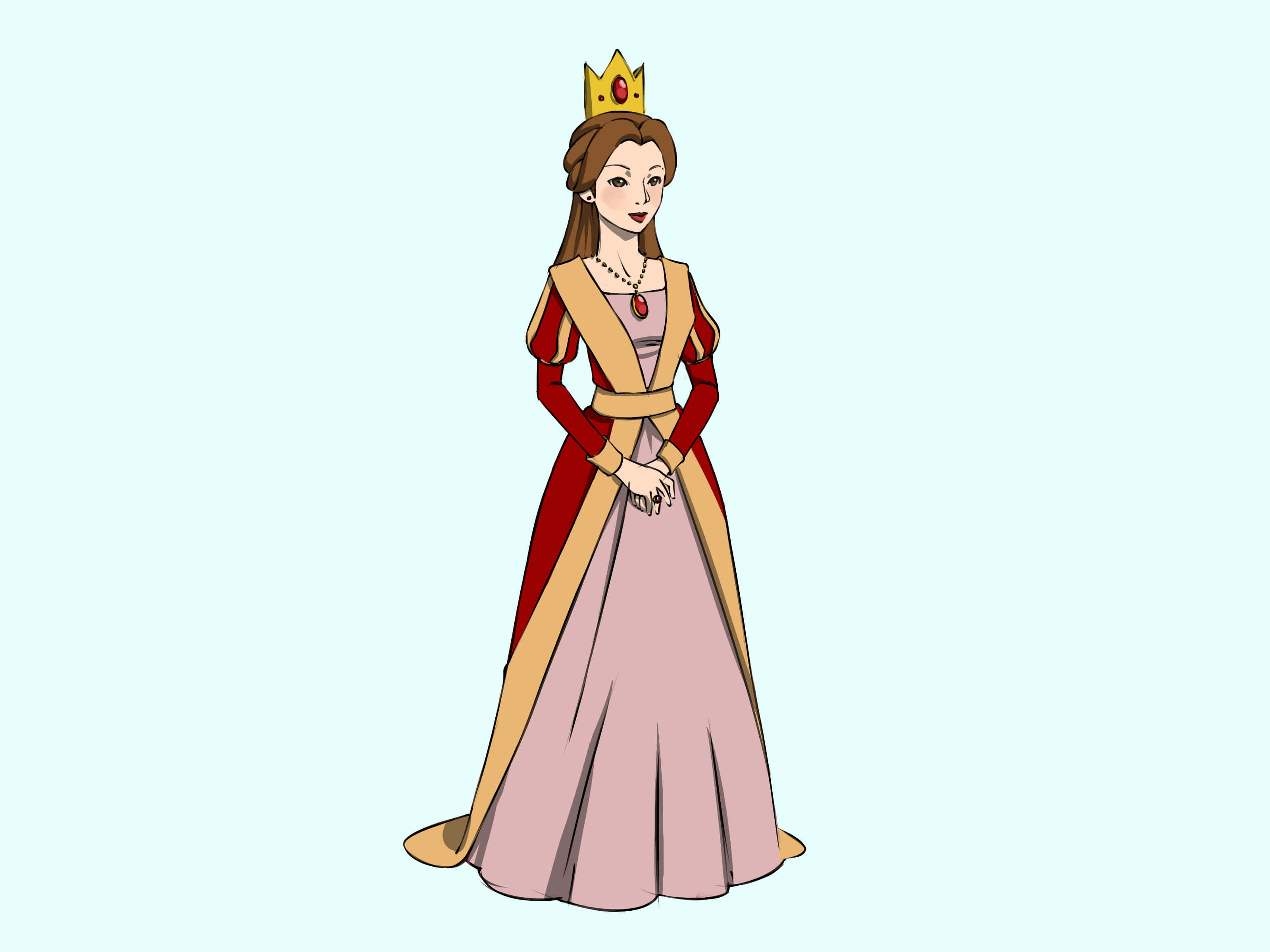 Cute Queen, pink gown, red and gold accents, 2K Desktop Wallpaper