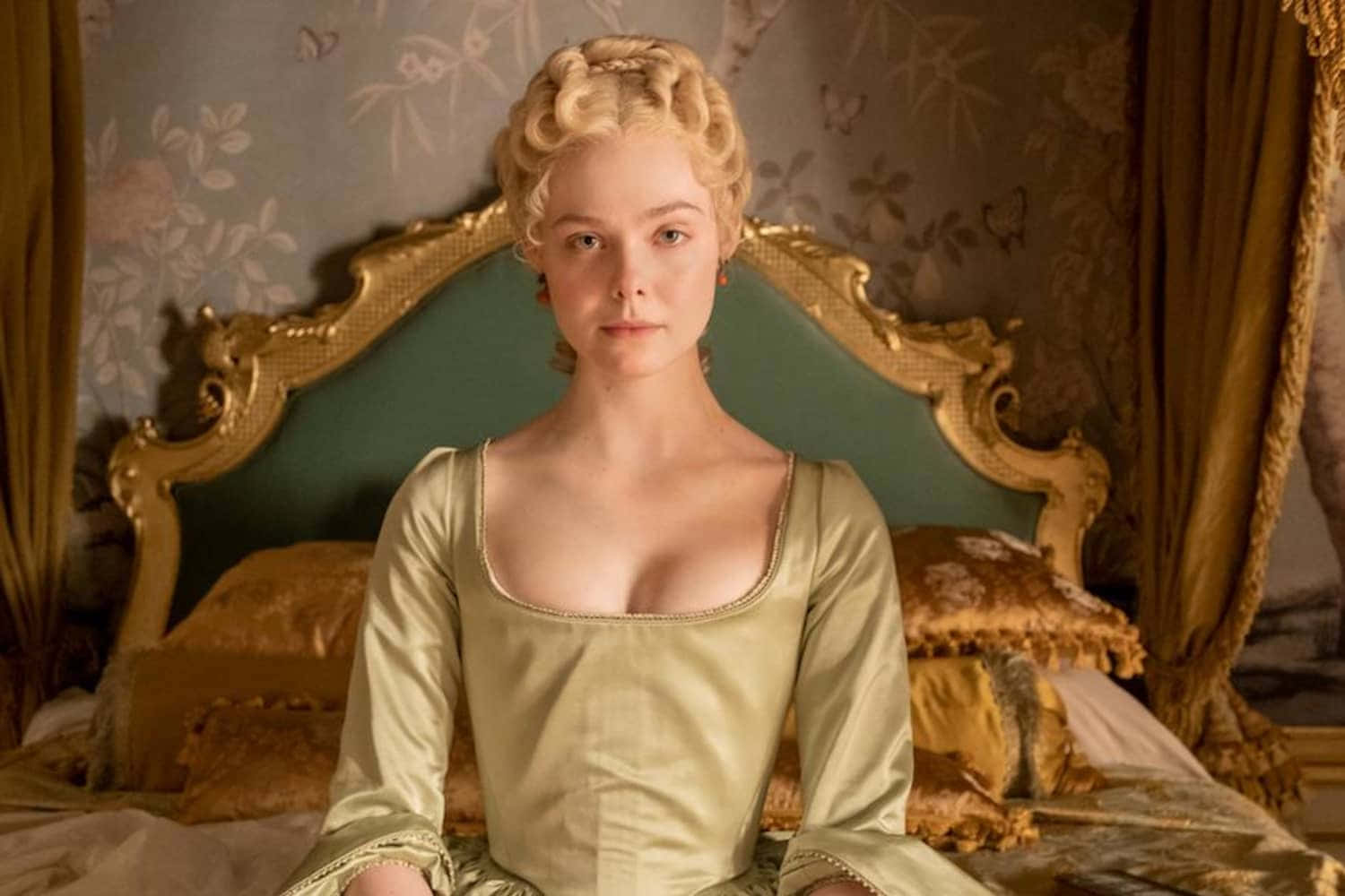 princess, pale green gown, gold-framed bed, HD Desktop Wallpaper