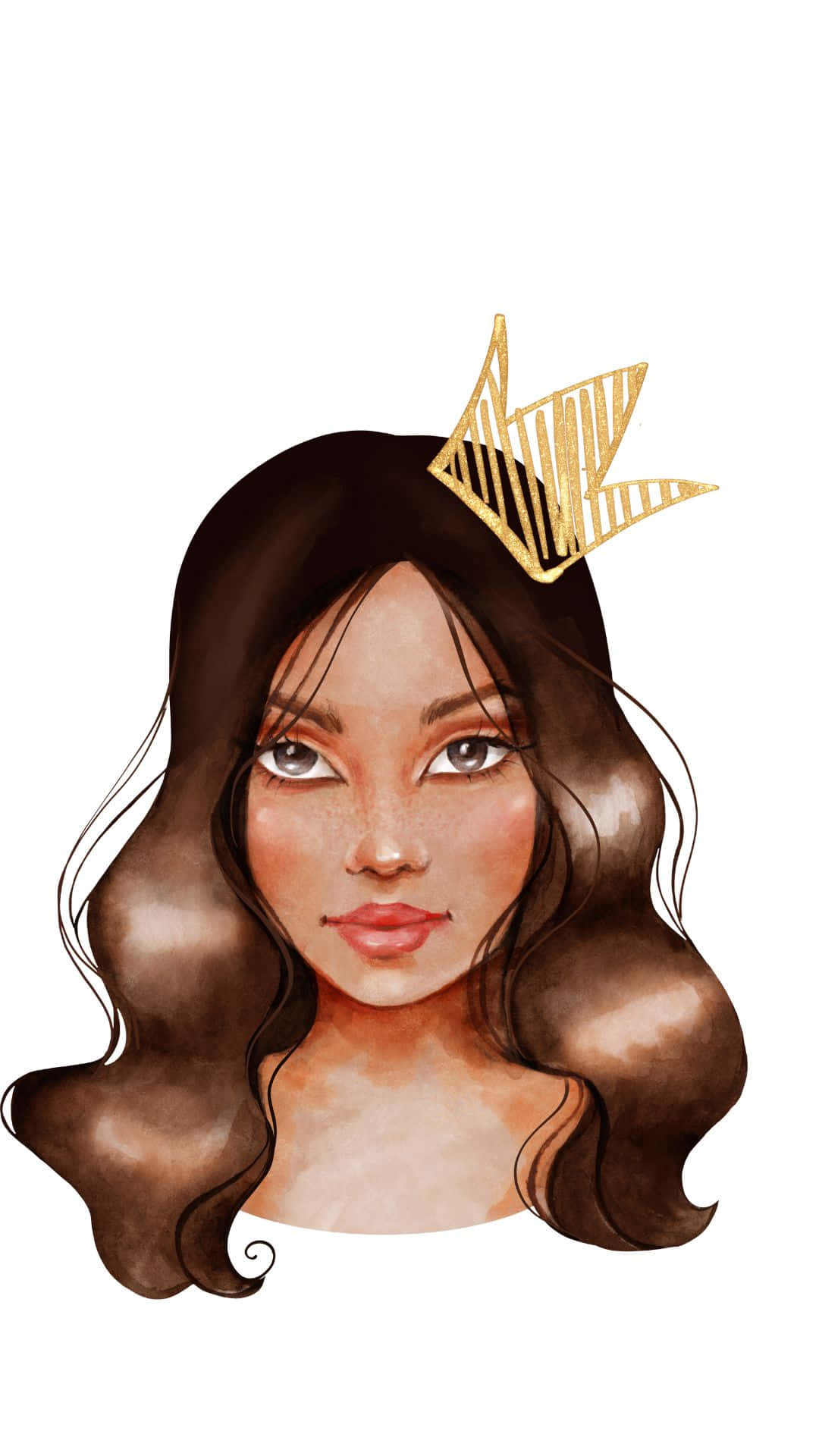 cute queen, watercolor portrait, long brown hair, Full HD Phone Wallpaper