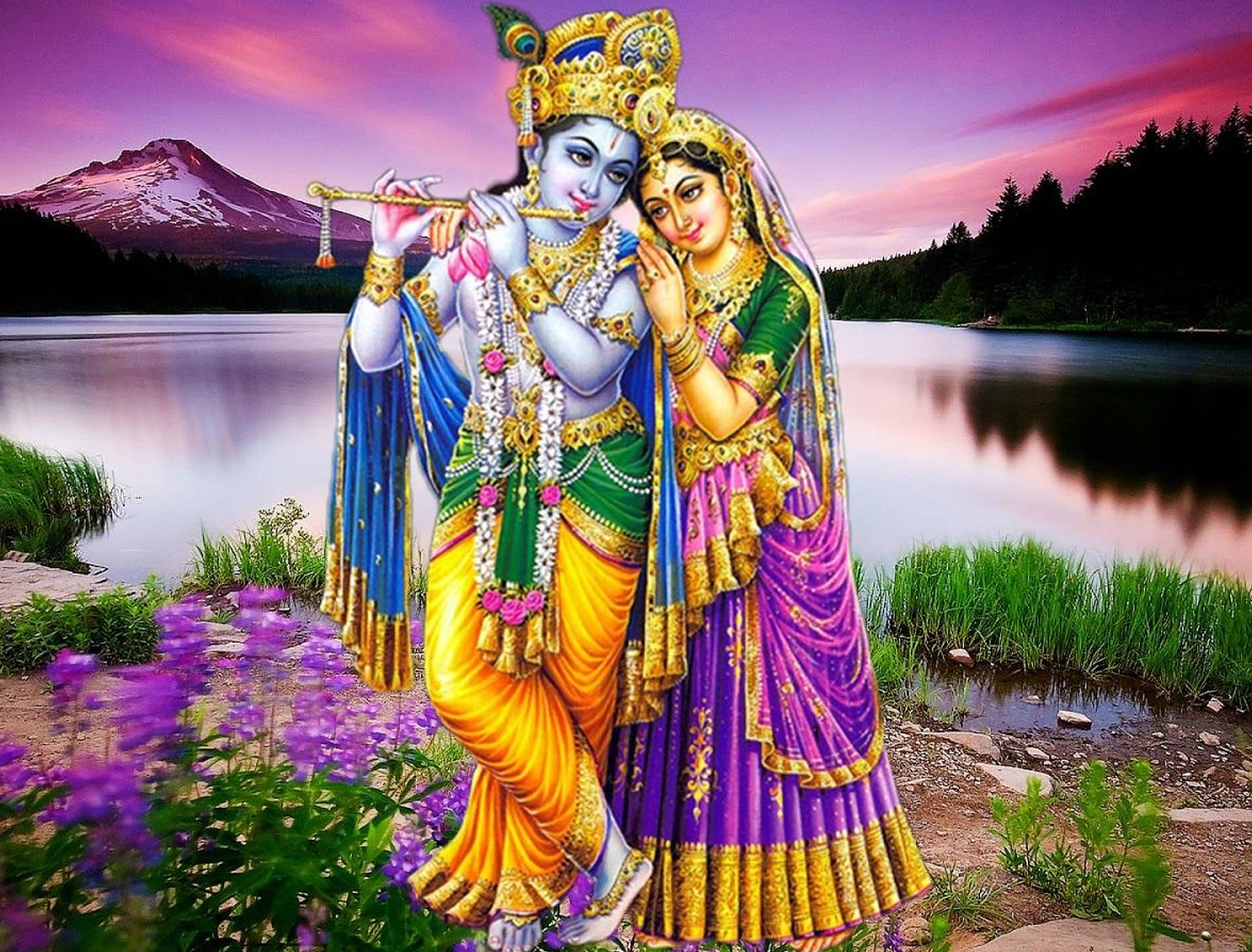 Cute Radha Krishna, purple mountain, snow-capped mountains, Full HD Desktop Wallpaper