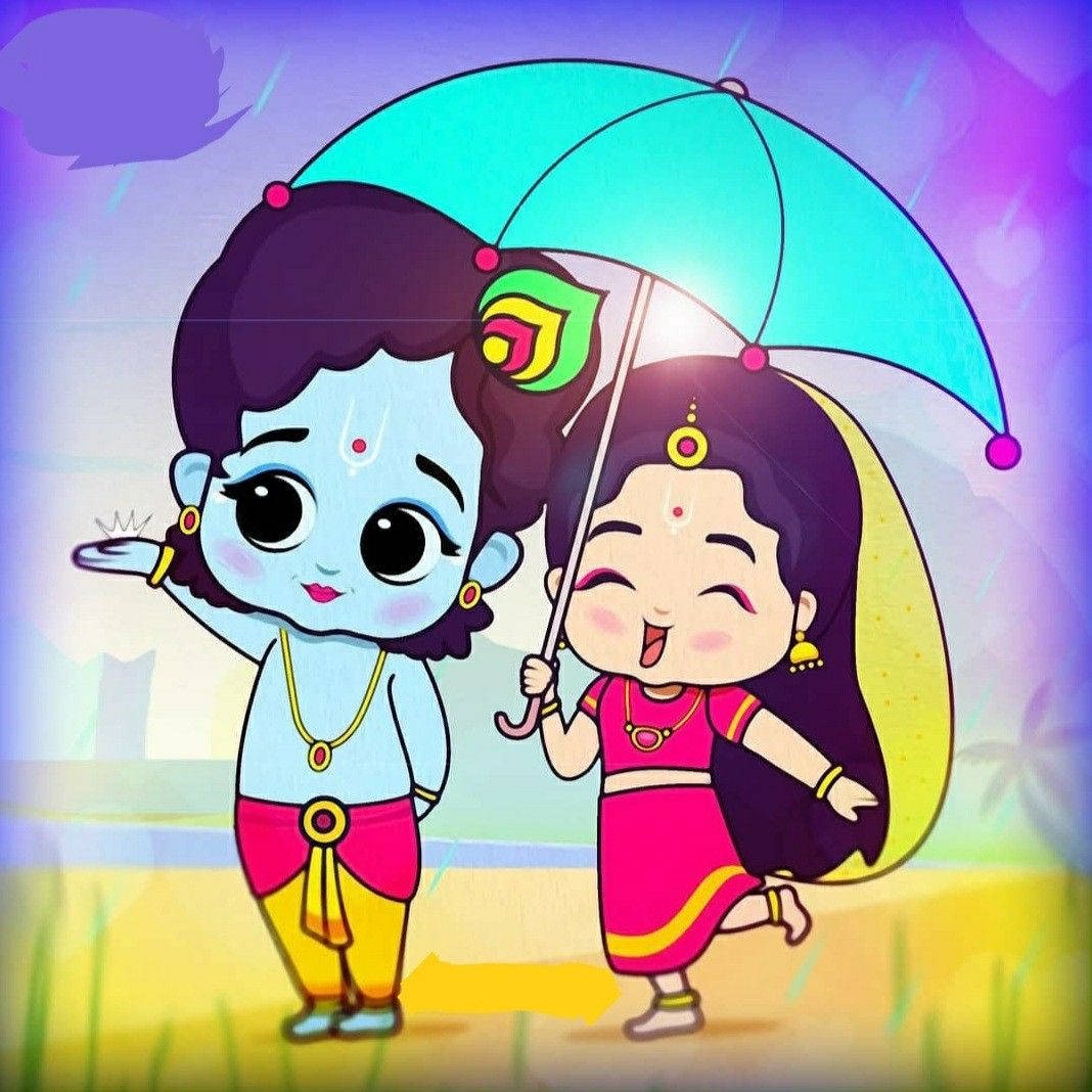 Cute Radha Krishna, blue umbrella, colorful umbrella, SD Desktop Wallpaper