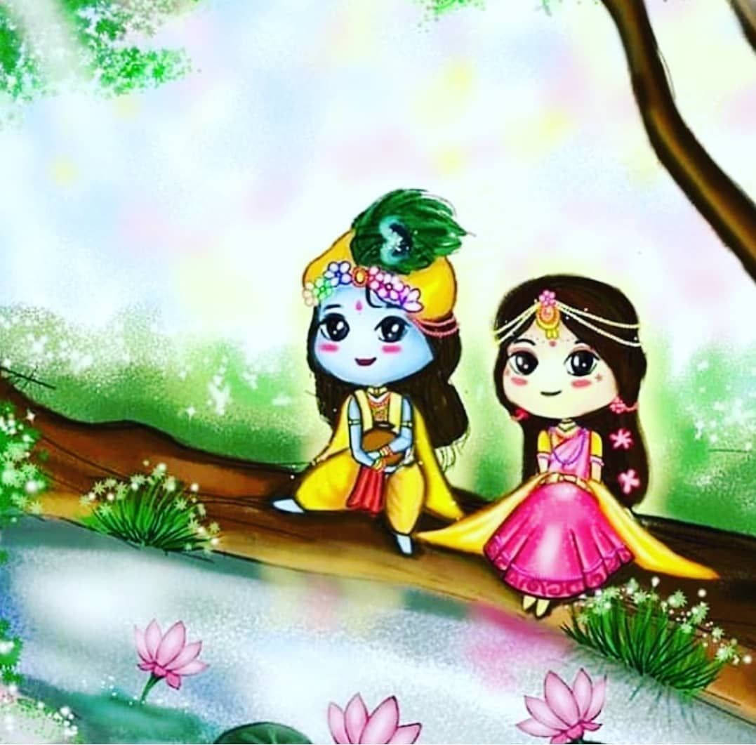 Cute Radha Krishna, tree branch, pond, SD Desktop Wallpaper