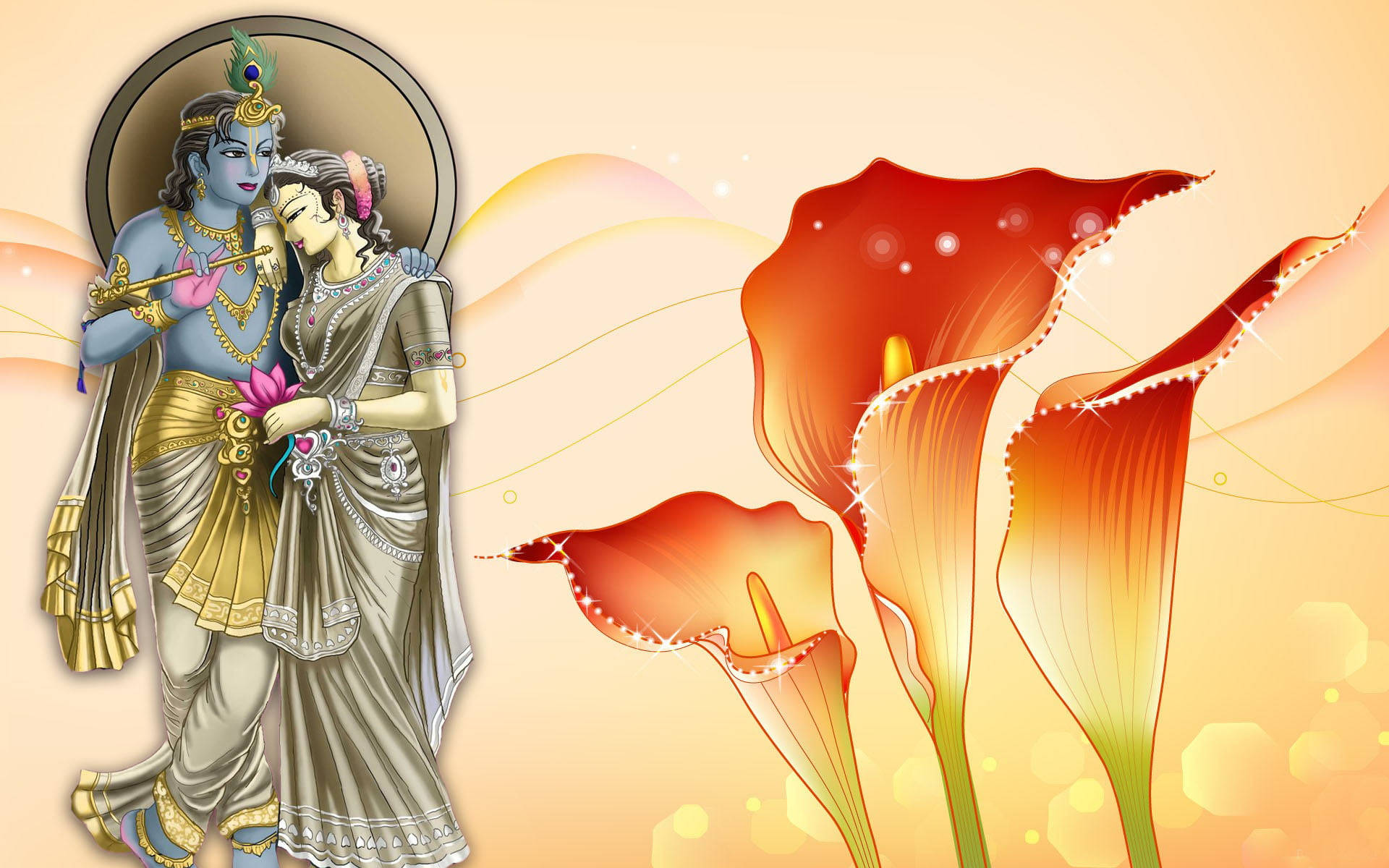 Radha Krishna, silver gold, glowing calla lilies, Full HD Desktop Wallpaper