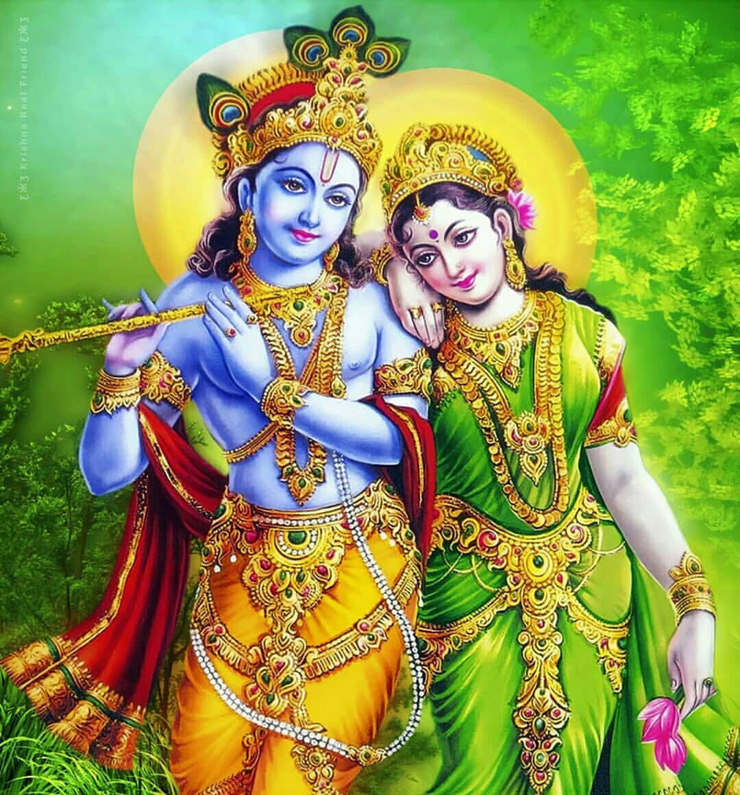 Radha Krishna, golden jewelry, vibrant attire, SD Phone Wallpaper