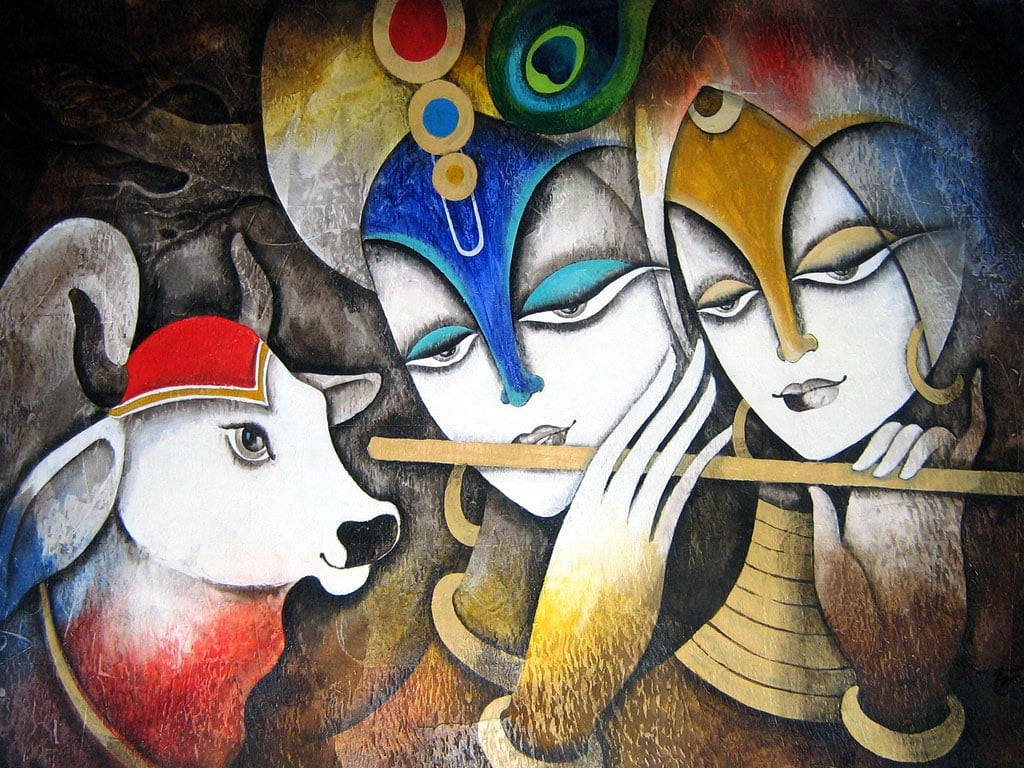 Cute Radha Krishna, blue-faced deity, flute, SD Desktop Wallpaper