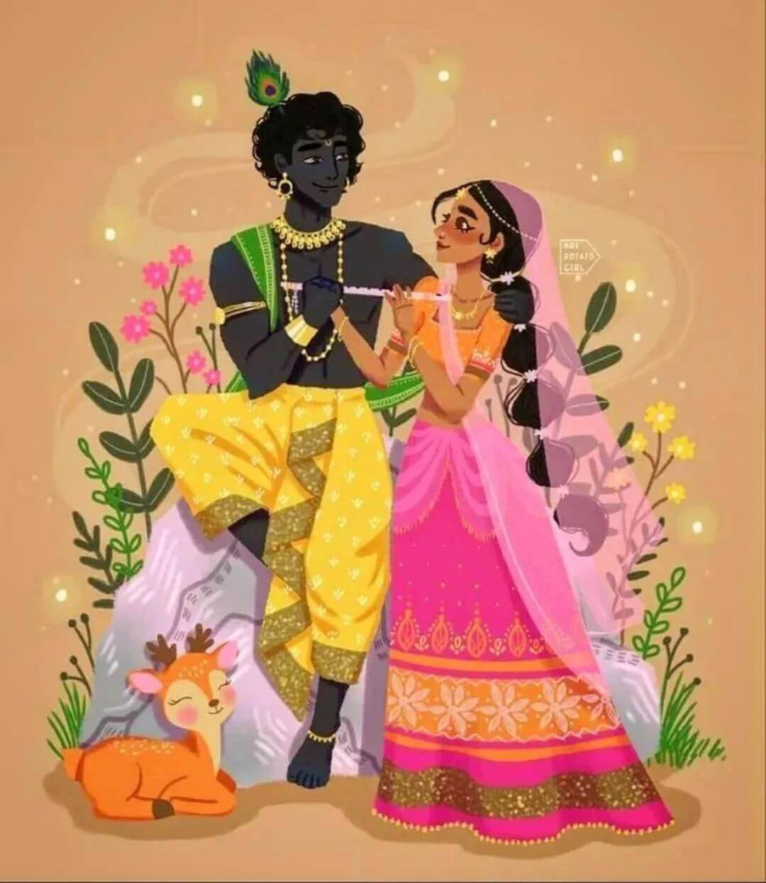 Radha Krishna, 3D art, flute moment, SD Phone Wallpaper