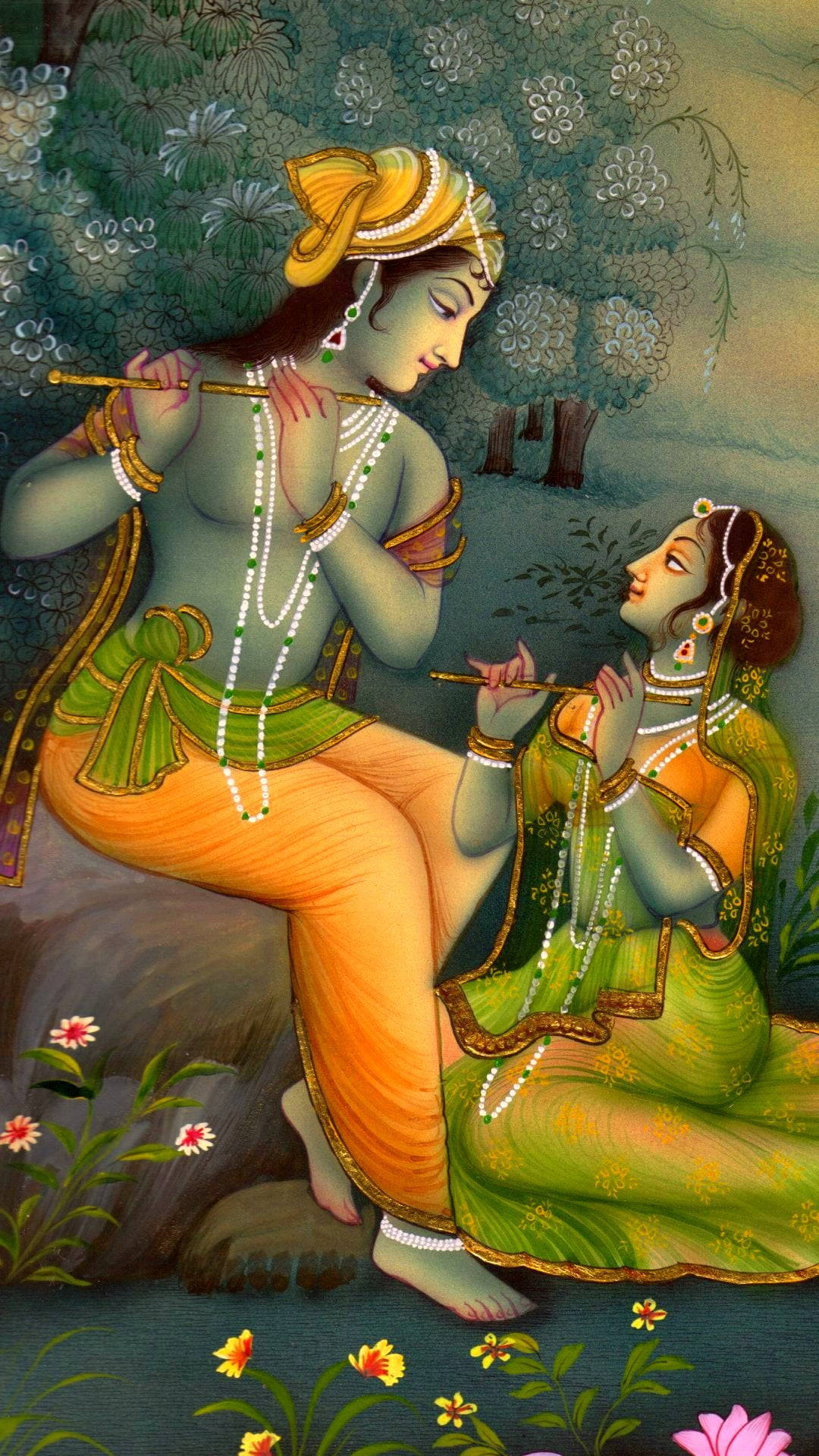 Cute Radha Krishna, green art, traditional Indian attire, Full HD Phone Wallpaper