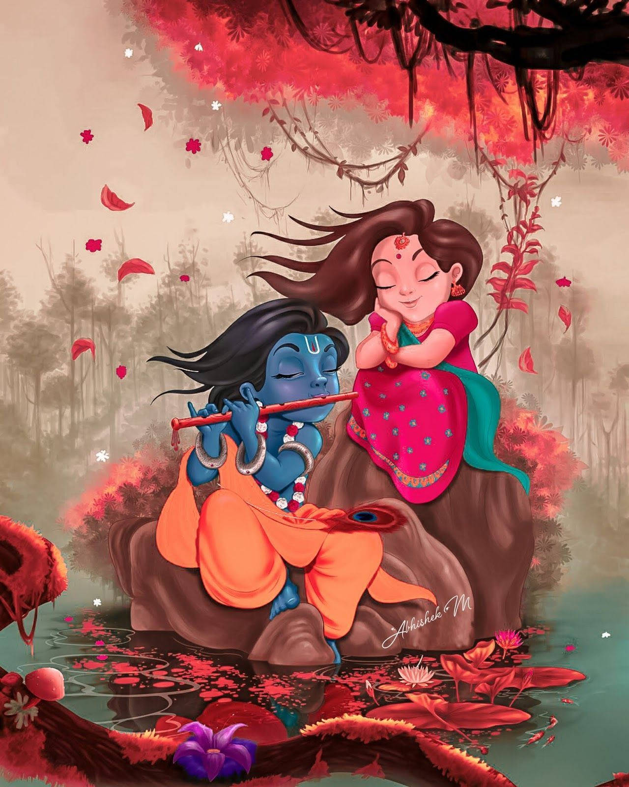 Radha Krishna, blue-skinned deity, flute, HD Phone Wallpaper