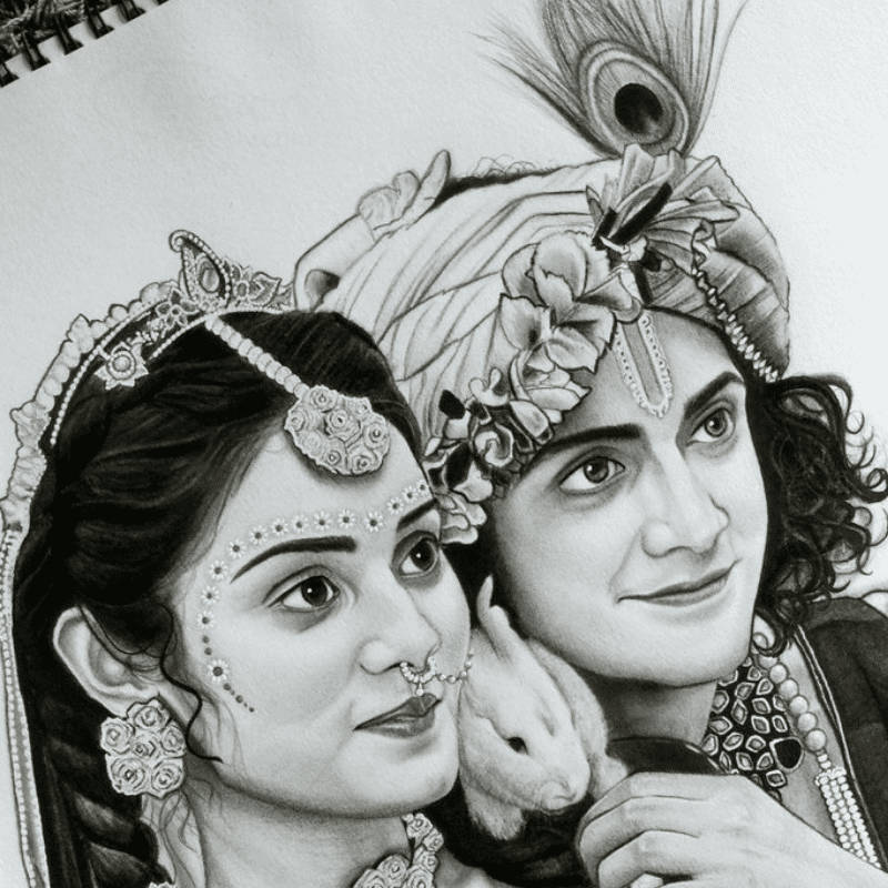 Cute Radha Krishna, black and white pencil drawing, traditionally adorned figures, SD Desktop Wallpaper