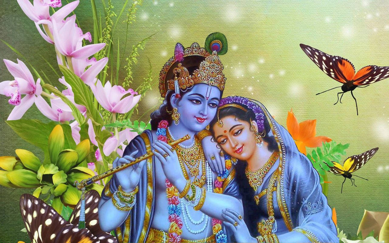 Radha Krishna, orchids, butterflies, HD Desktop Wallpaper