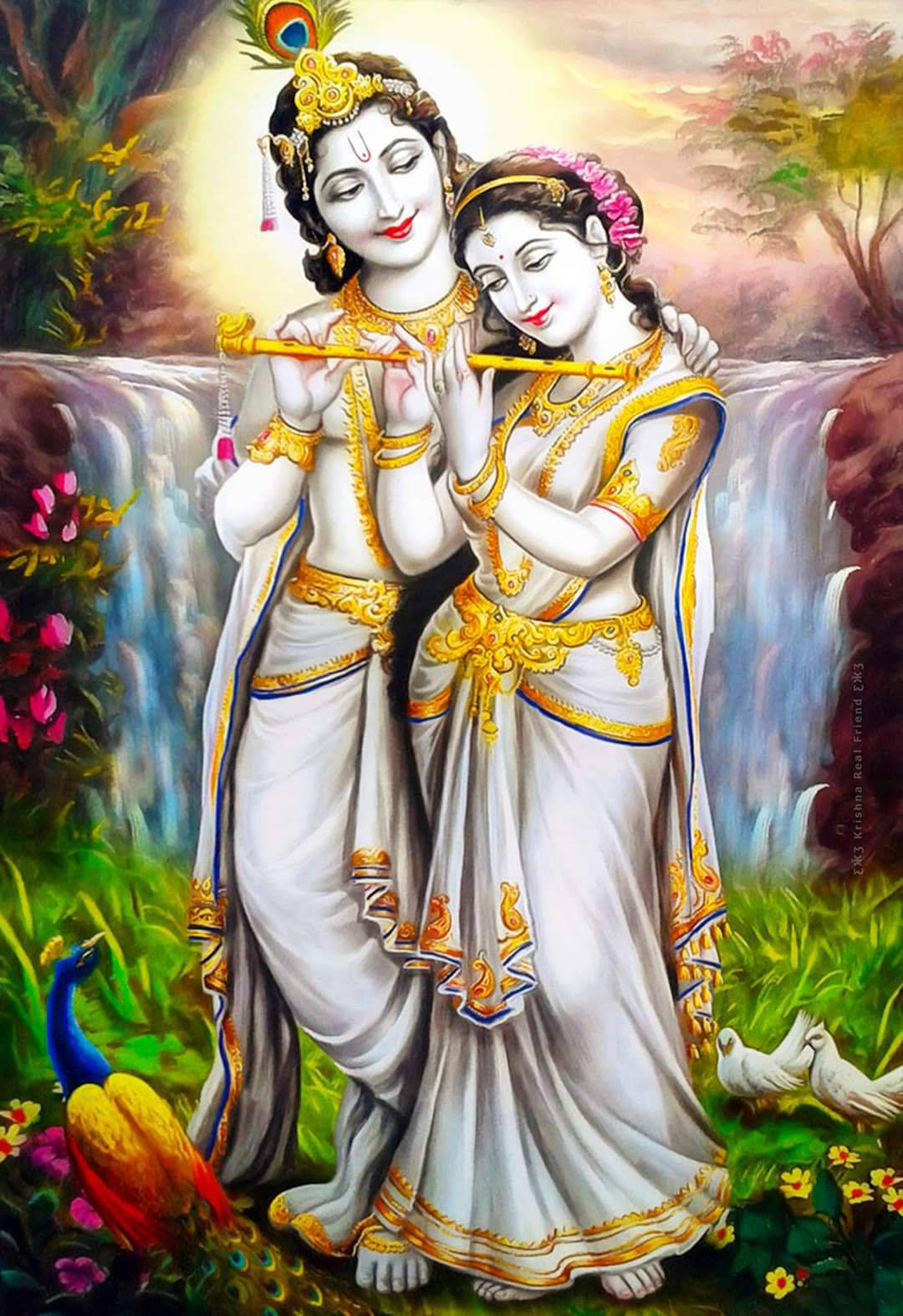 Radha Krishna, waterfall, peacocks, HD Phone Wallpaper