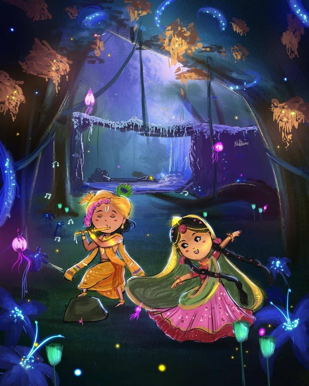 Radha Krishna, vibrant traditional attire, glowing blue mushrooms, HD Phone Wallpaper