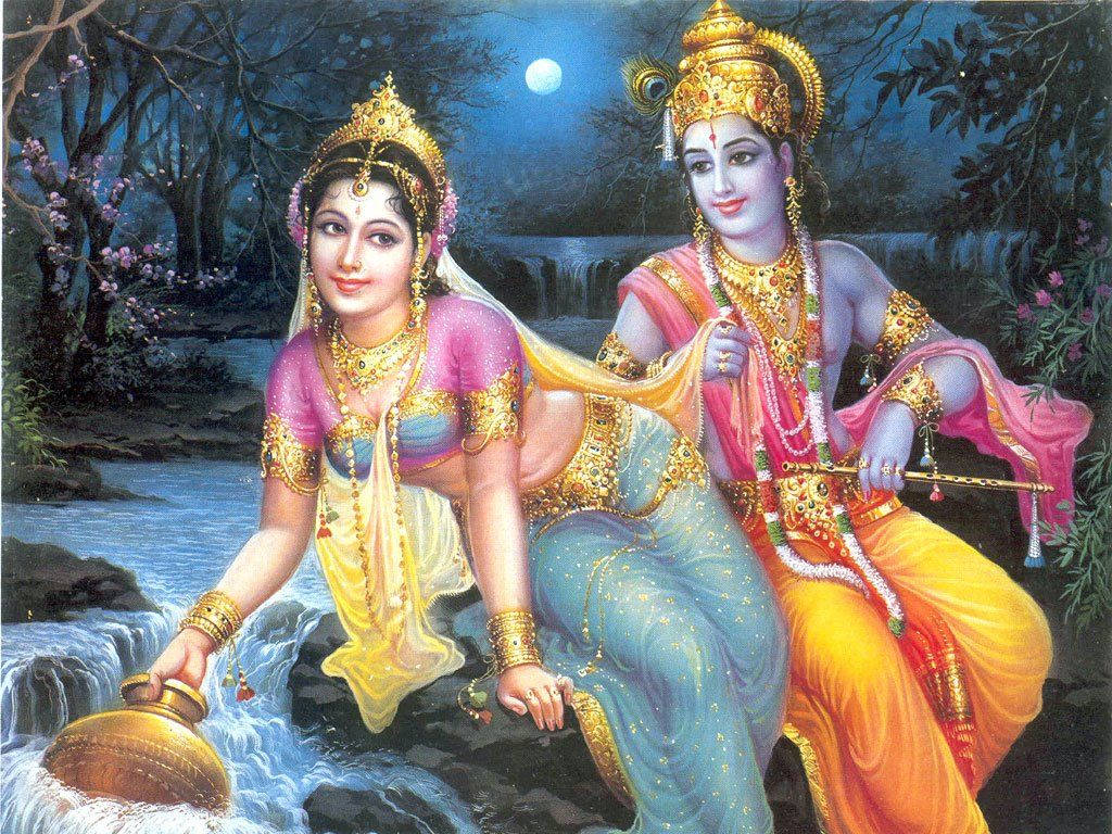 Radha Krishna, moonlit riverbank, blossoming trees, SD Desktop Wallpaper