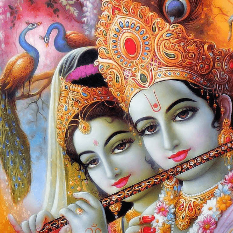 Cute Radha Krishna, orange crown, golden crowns, SD Desktop Wallpaper