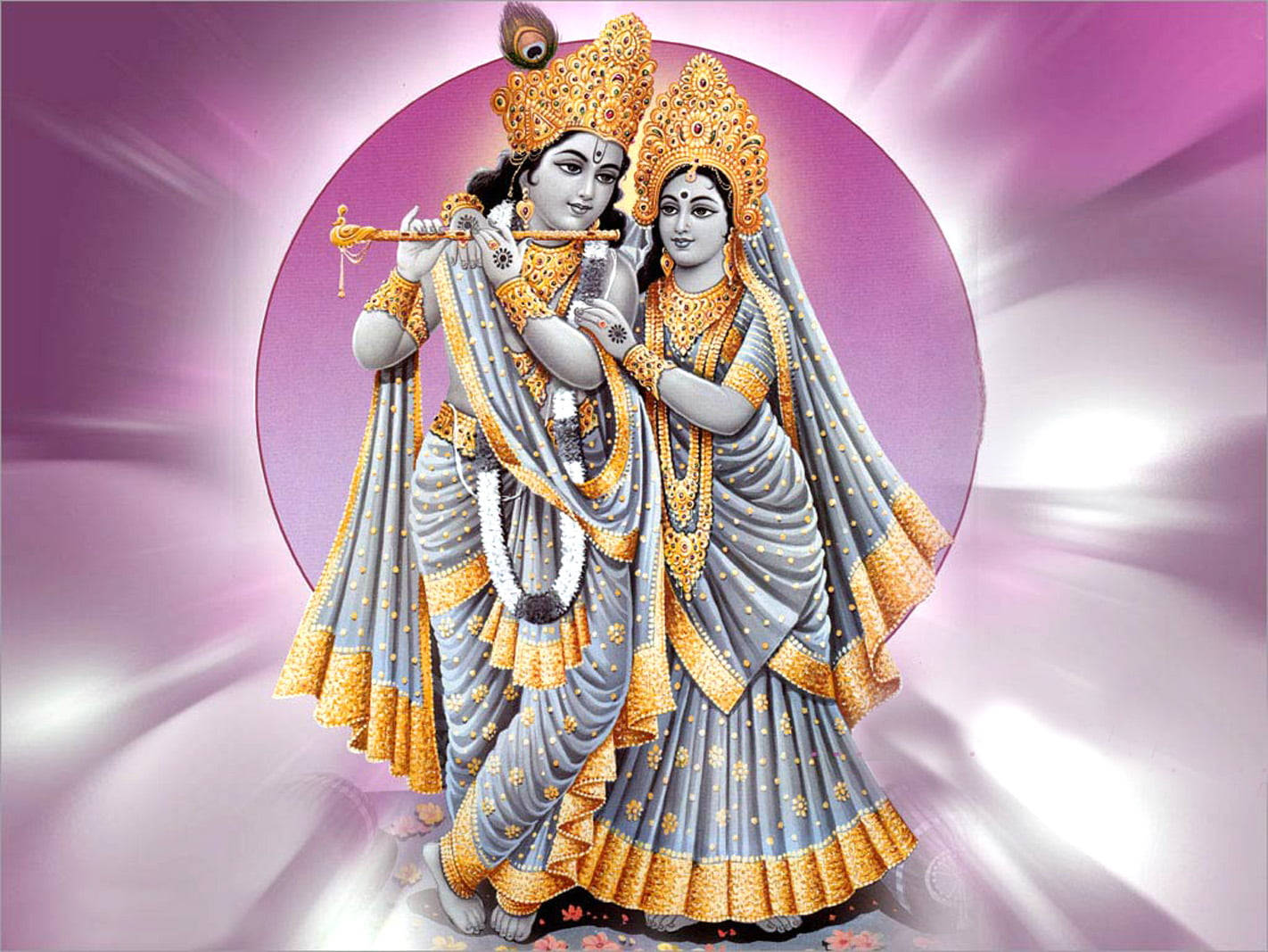 Radha Krishna, purple circle, golden attire, HD Desktop Wallpaper