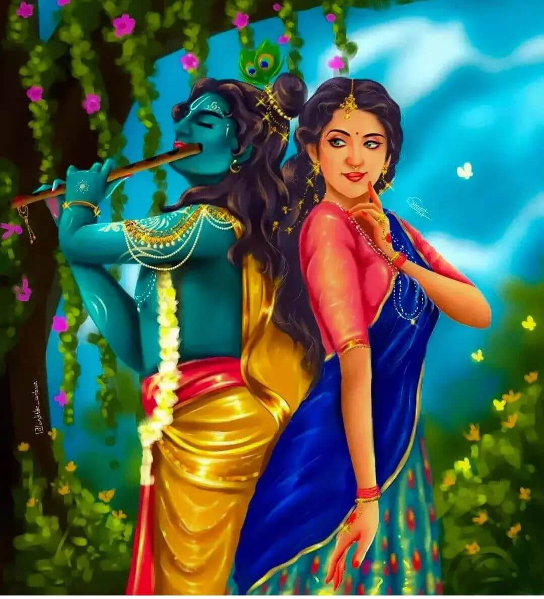 Cute Radha Krishna, blue sky, flute, SD Phone Wallpaper