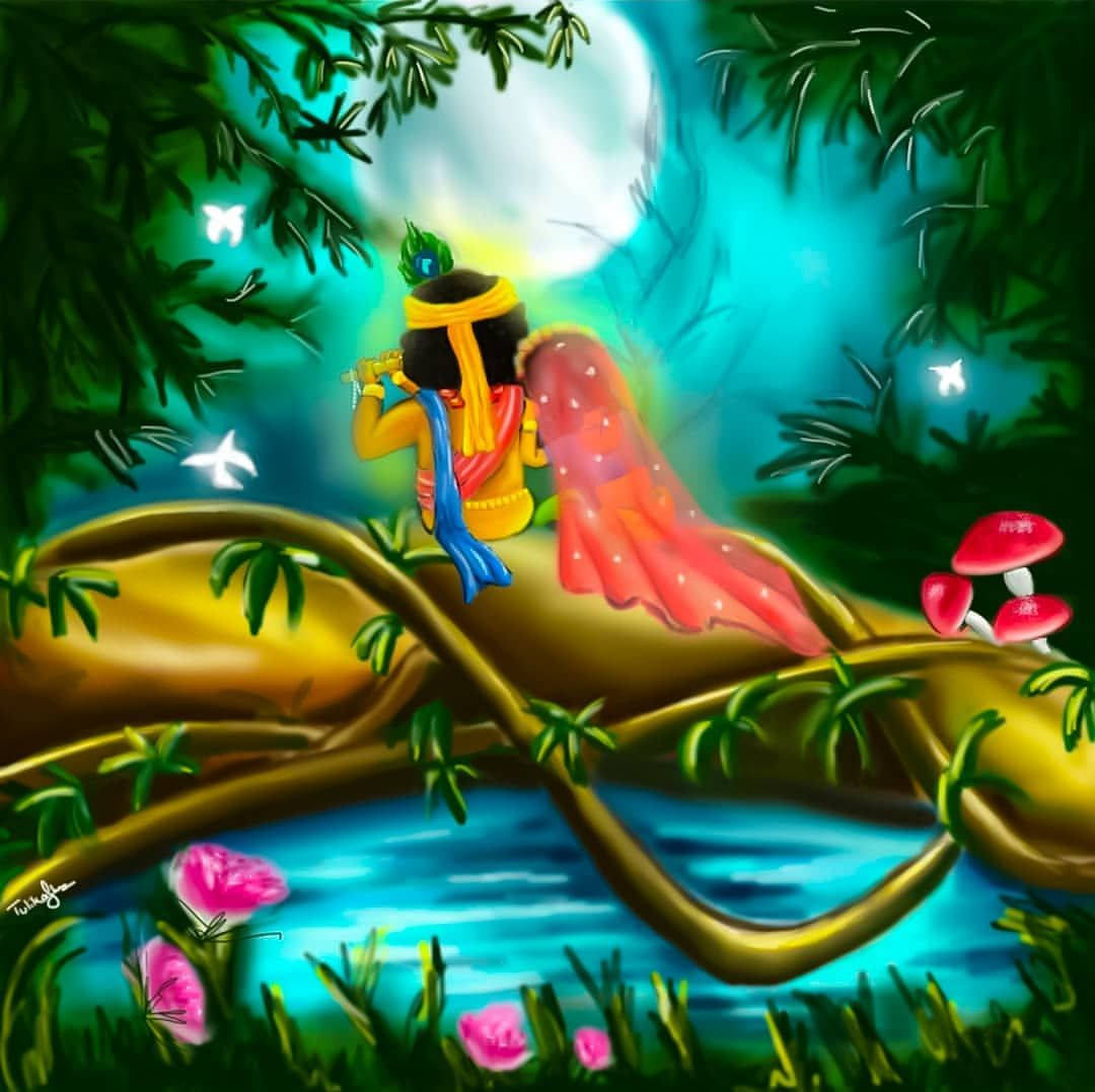 Radha Krishna, full moon, golden vine bridge, SD Desktop Wallpaper