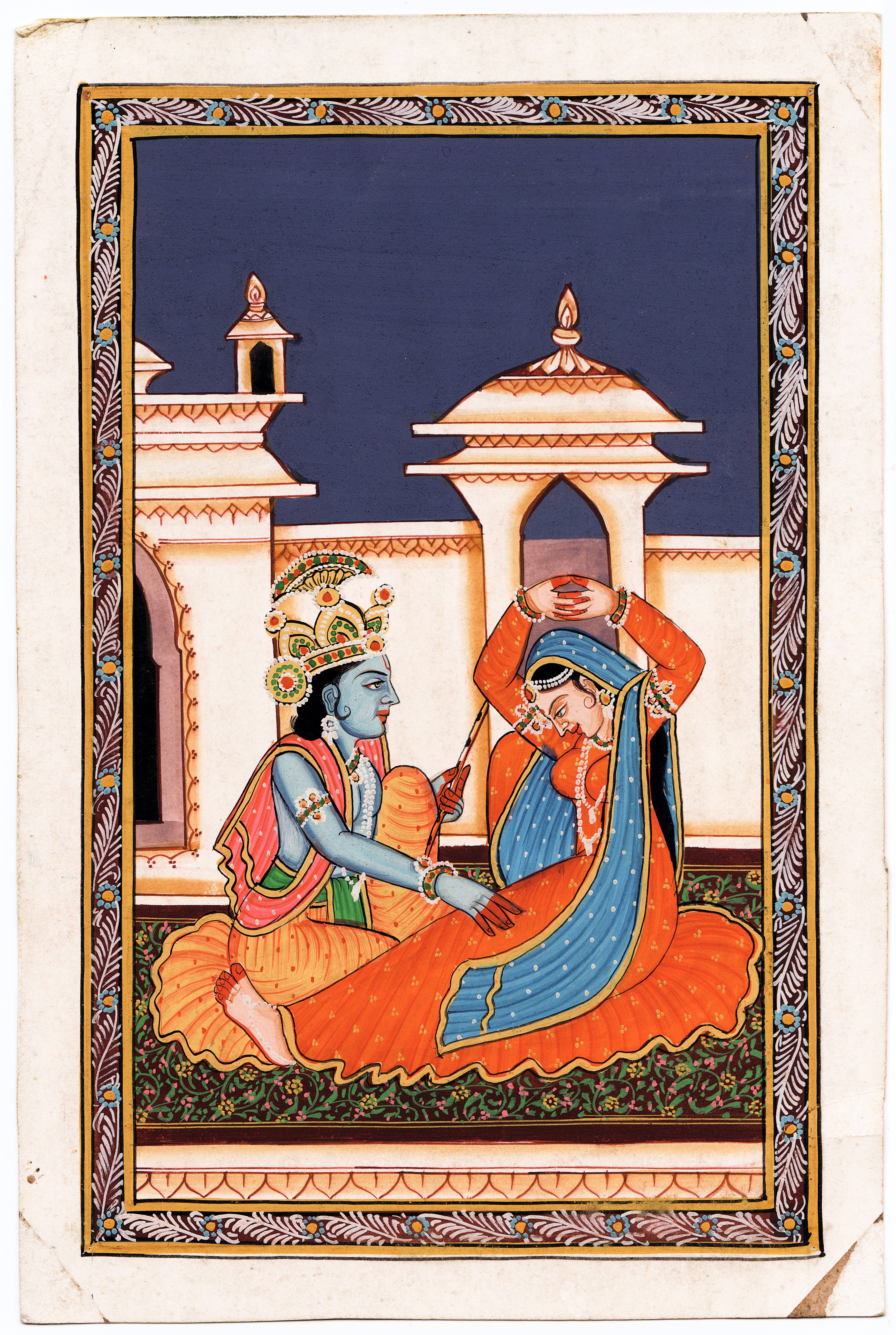 Radha Krishna, blue-skinned deity, woman in vibrant orange and blue garments, 5K Phone Wallpaper