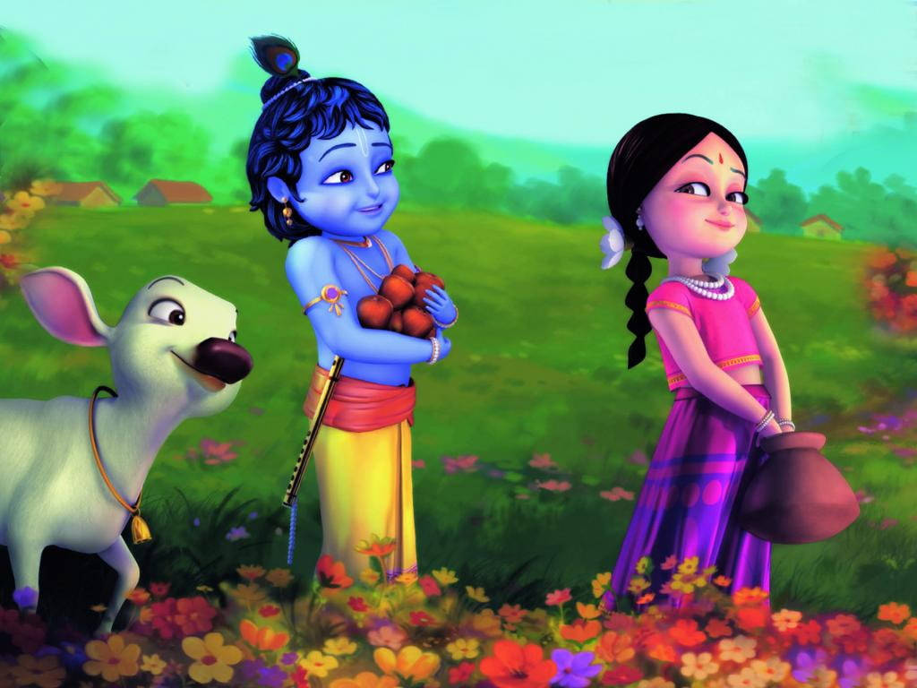 Radha Krishna, blue-skinned boy, peacock feather hair, SD Desktop Wallpaper