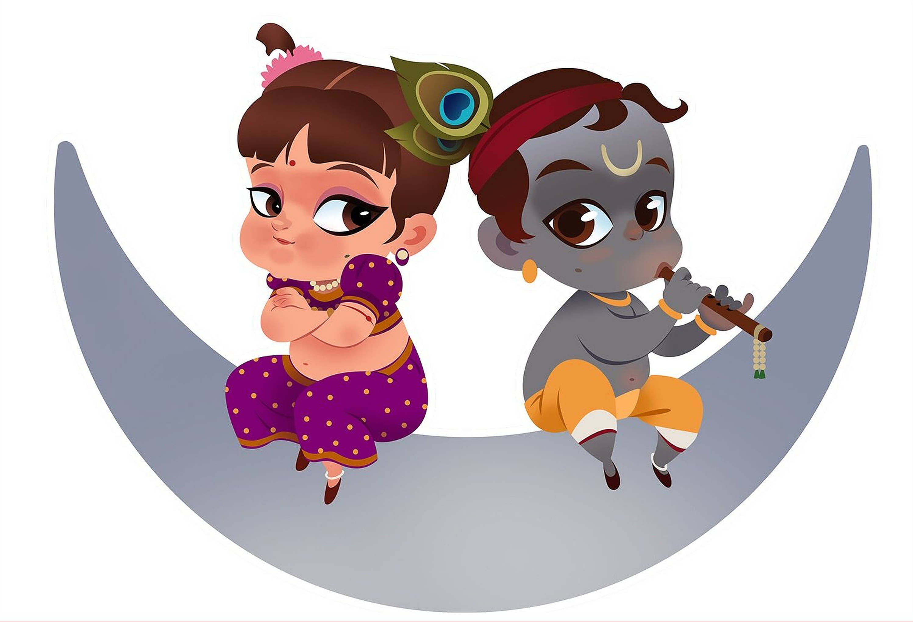 Cute Radha Krishna, crescent moon, flute, 2K Desktop Wallpaper