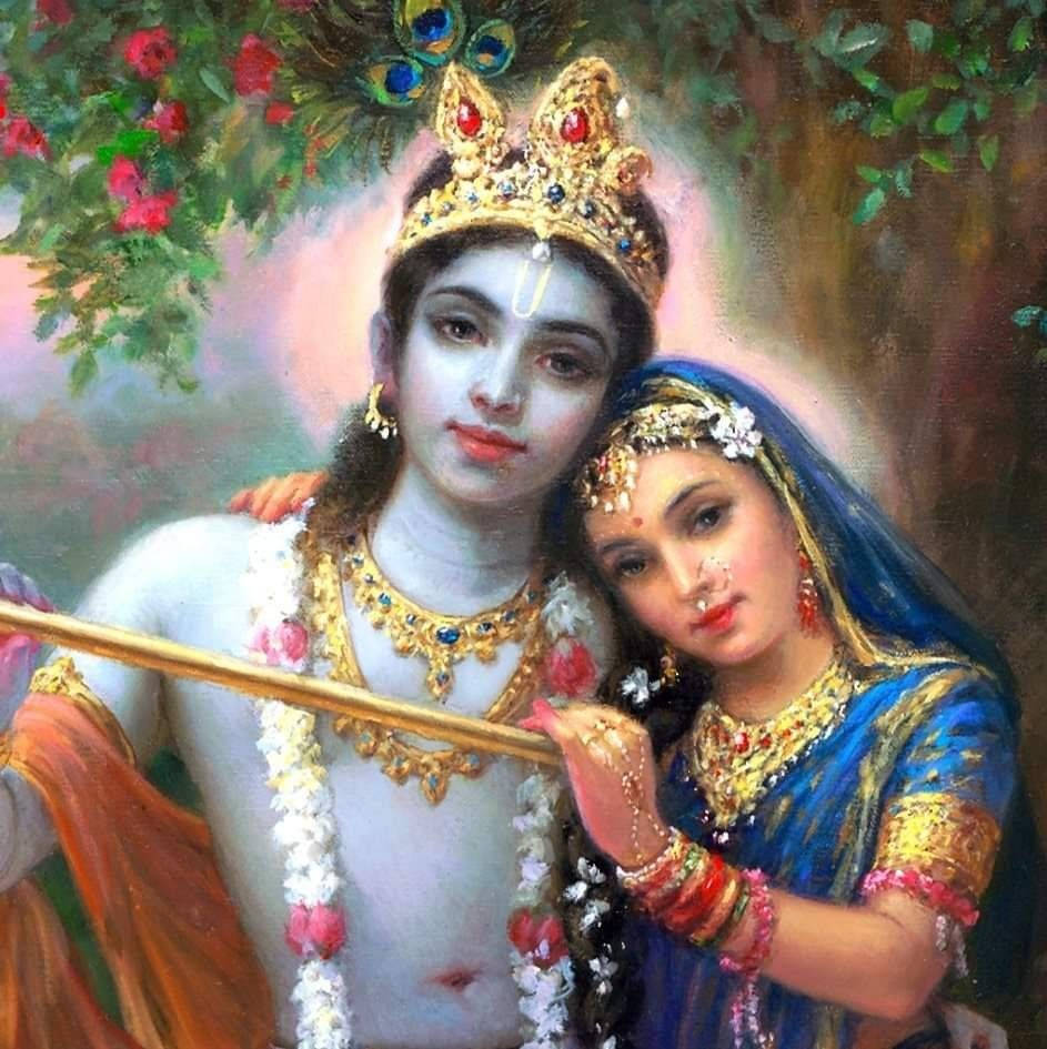 Radha Krishna, golden jewelry, vibrant attire, SD Phone Wallpaper