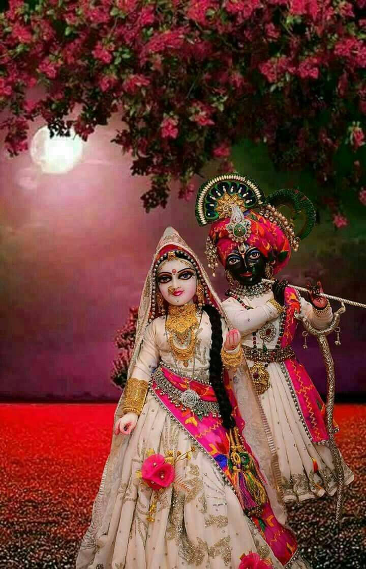 Cute Radha Krishna, red tree, blossoming pink tree, SD Phone Wallpaper