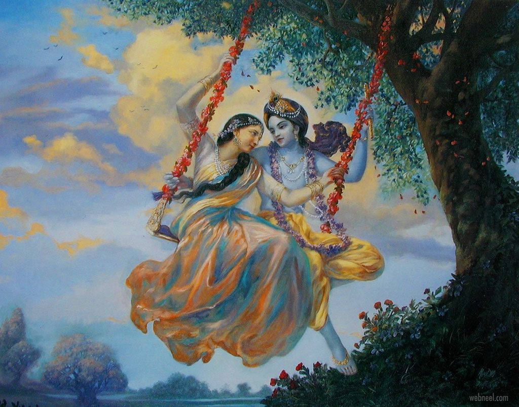 Cute Radha Krishna, floral swing, tree, SD Desktop Wallpaper