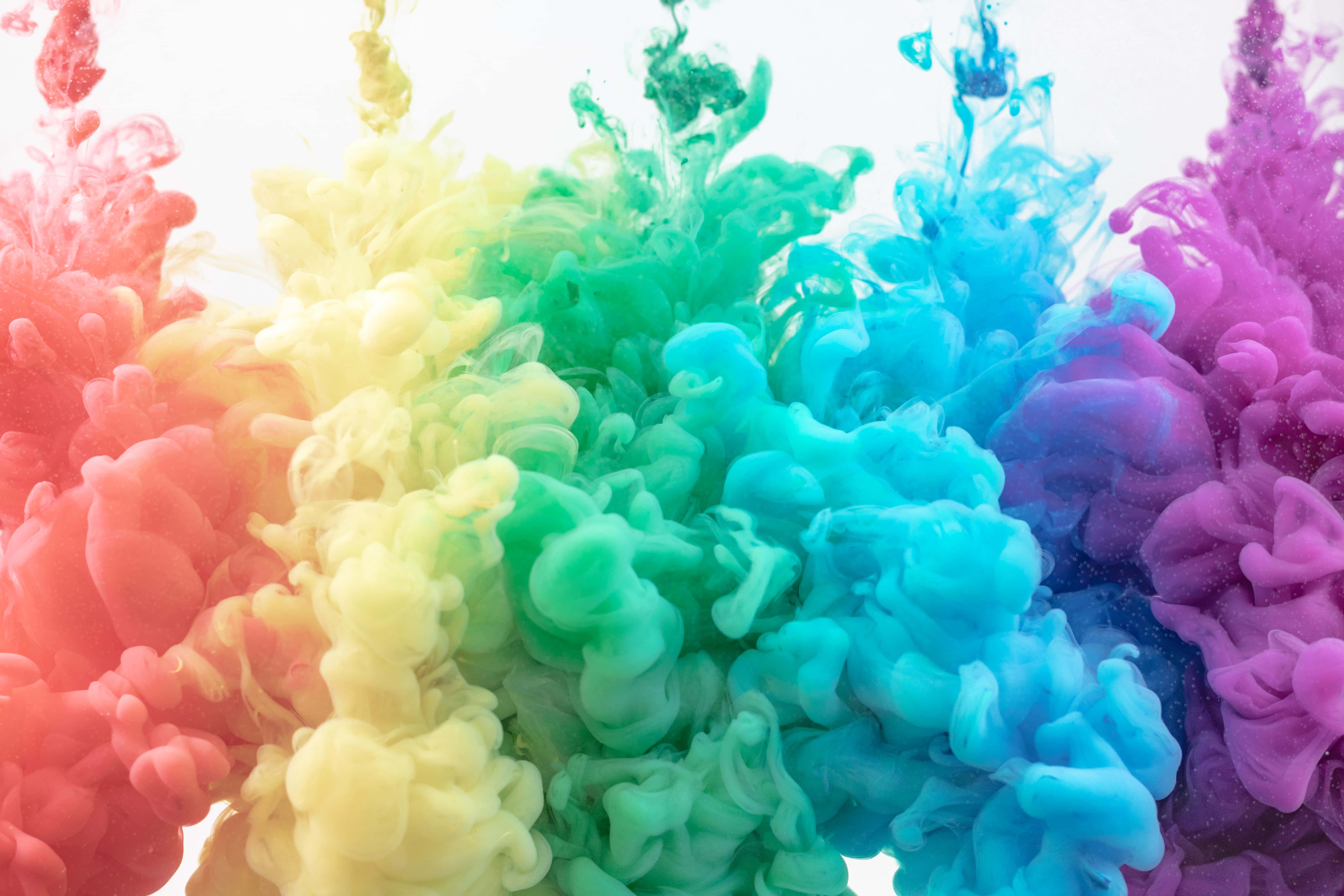 Cute Rainbow, rainbow ink swirls, bright white background, 5K Desktop Wallpaper