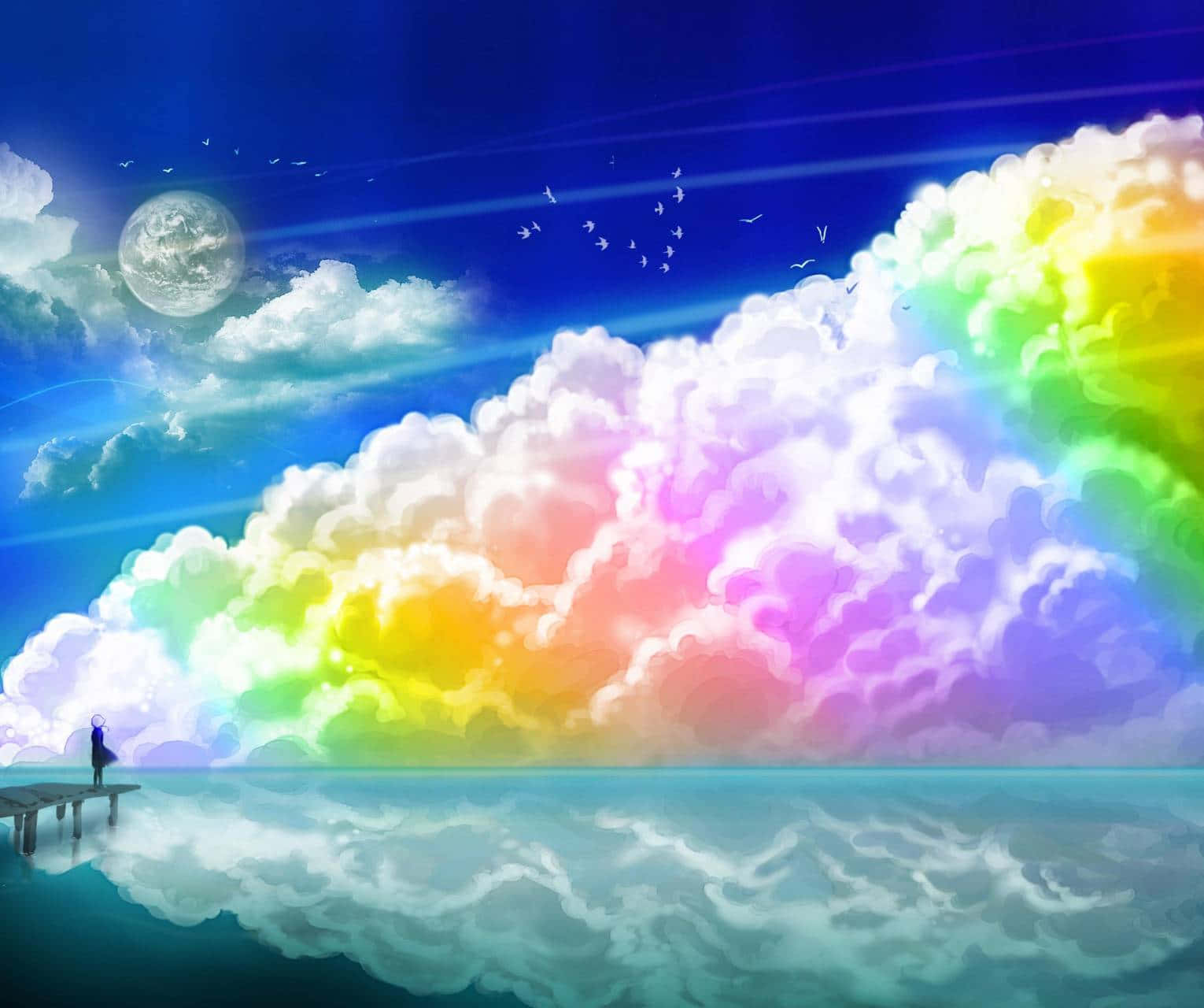 Cute Rainbow Clouds, luminous rainbow clouds, full moon, HD Desktop Wallpaper