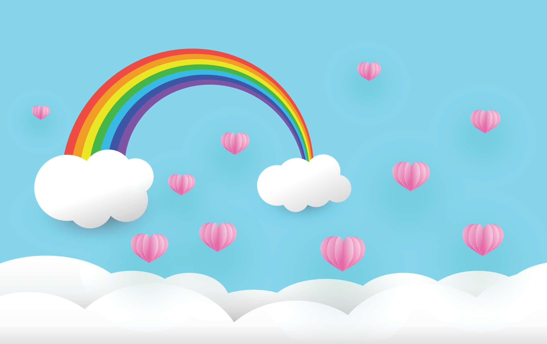 cute rainbow, vibrant rainbow, fluffy white clouds, Full HD Desktop Wallpaper