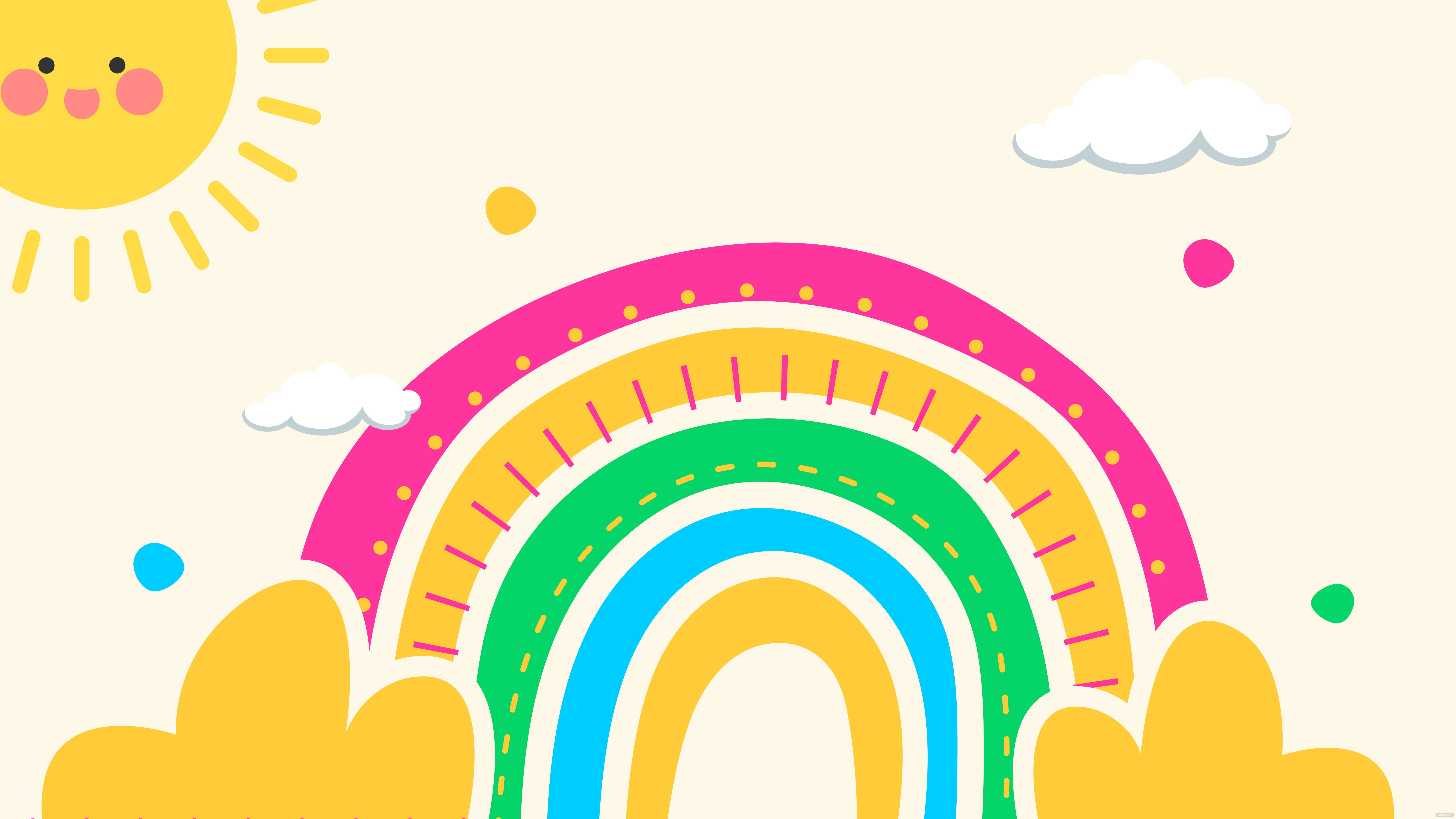 cartoon rainbow, pastel sky, smiling sun, 8K Desktop Wallpaper