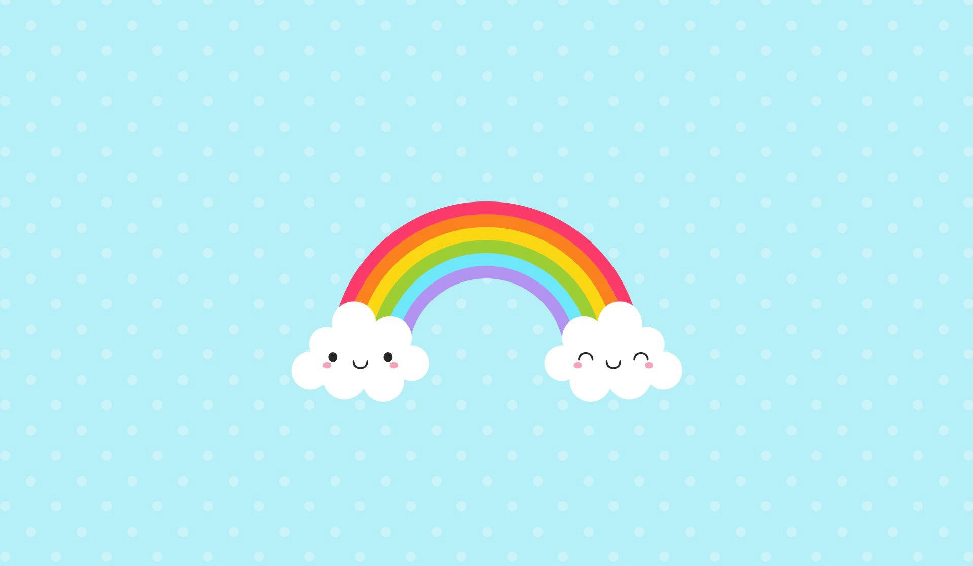 pastel blue rainbow, smiling clouds, light blue polka dot background, HD Desktop Wallpaper