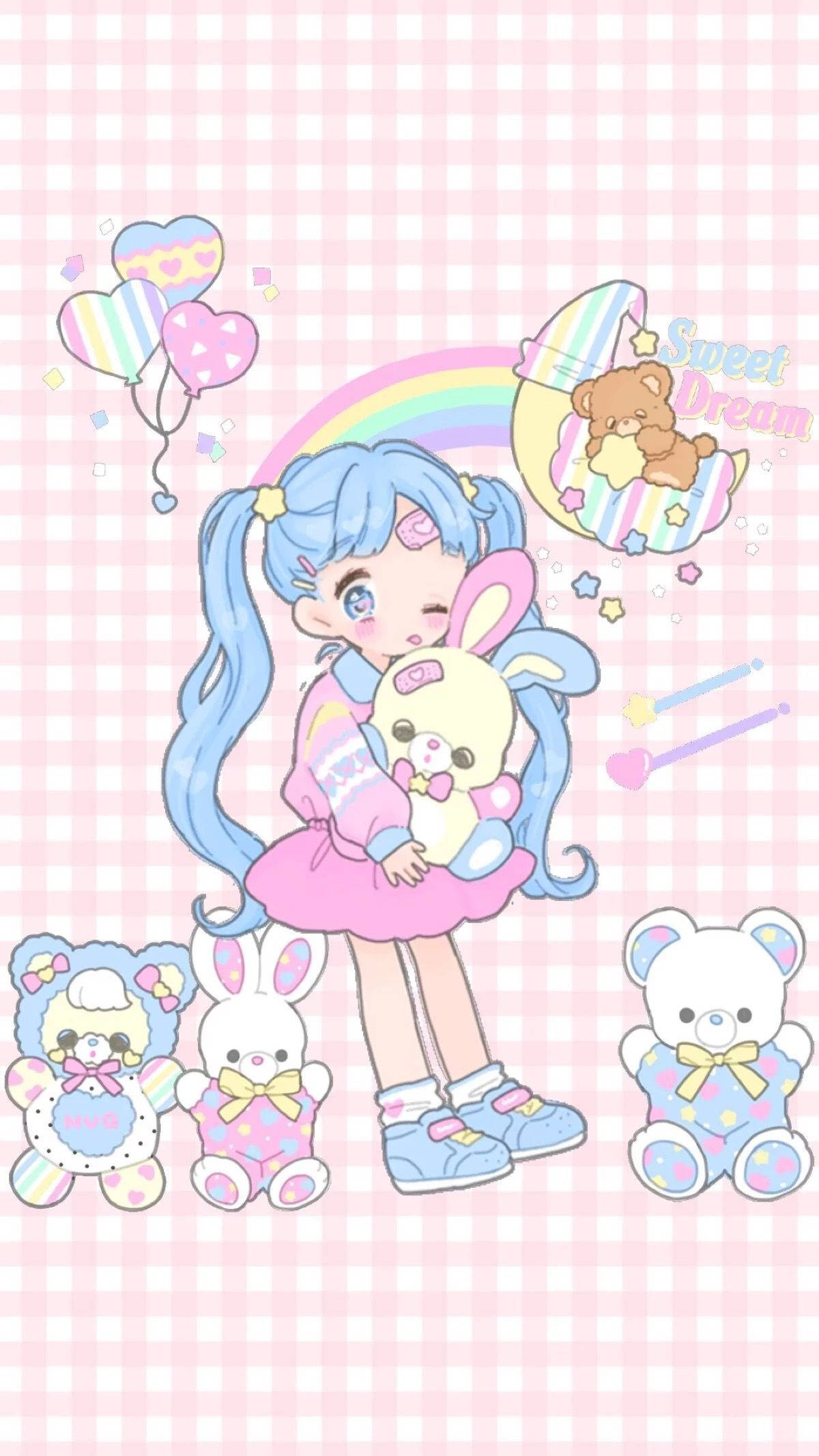 kawaii rainbow anime girl, blue pigtails, bunny plushie, Full HD Phone Wallpaper