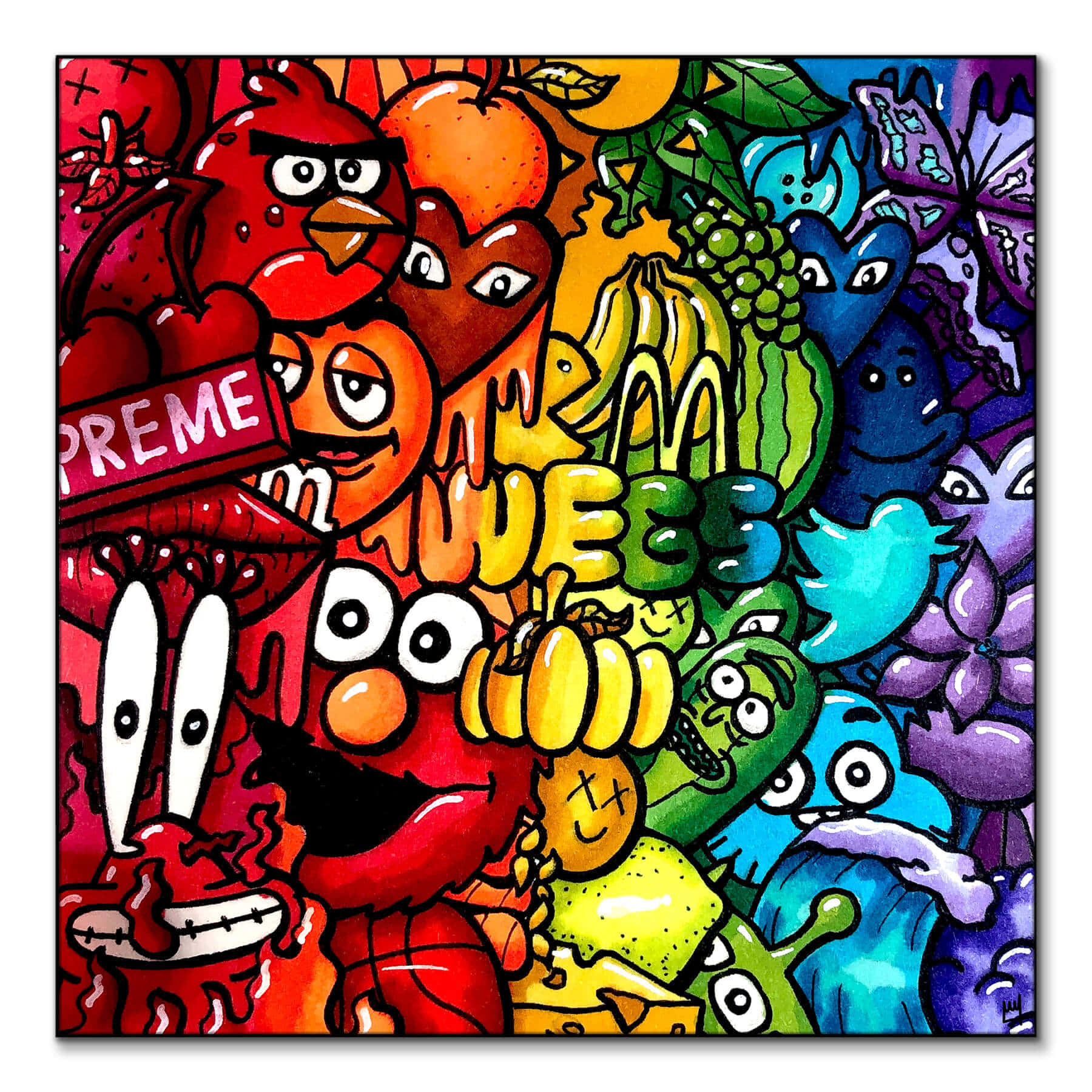 graffiti-style mural, cartoon characters, fruits, HD Desktop Wallpaper
