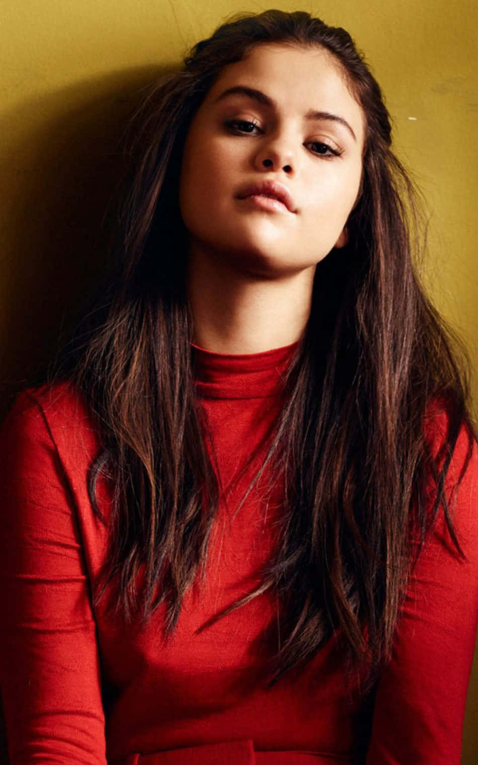Cute Red Phone, red turtleneck, warm yellow wall, HD Phone Wallpaper