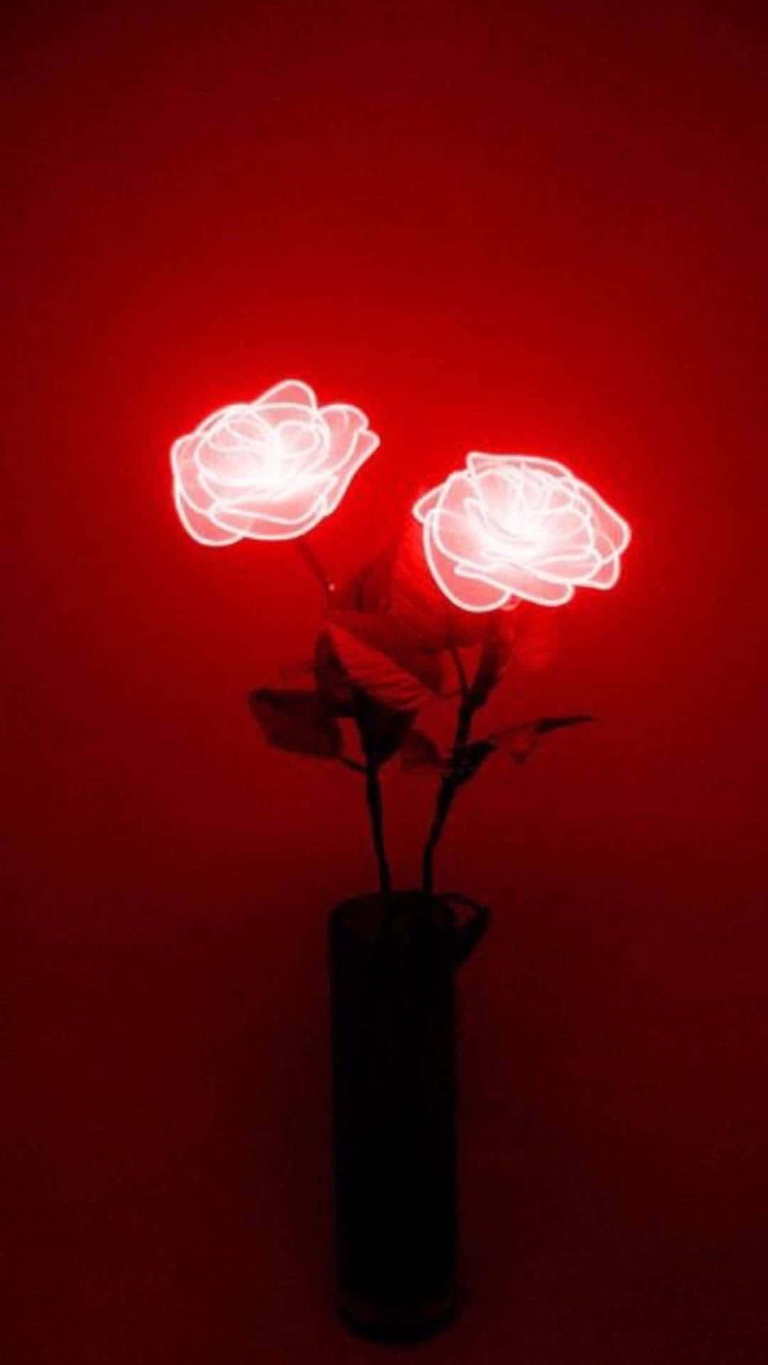 neon roses, dark vase, radiant red light, Full HD Phone Wallpaper
