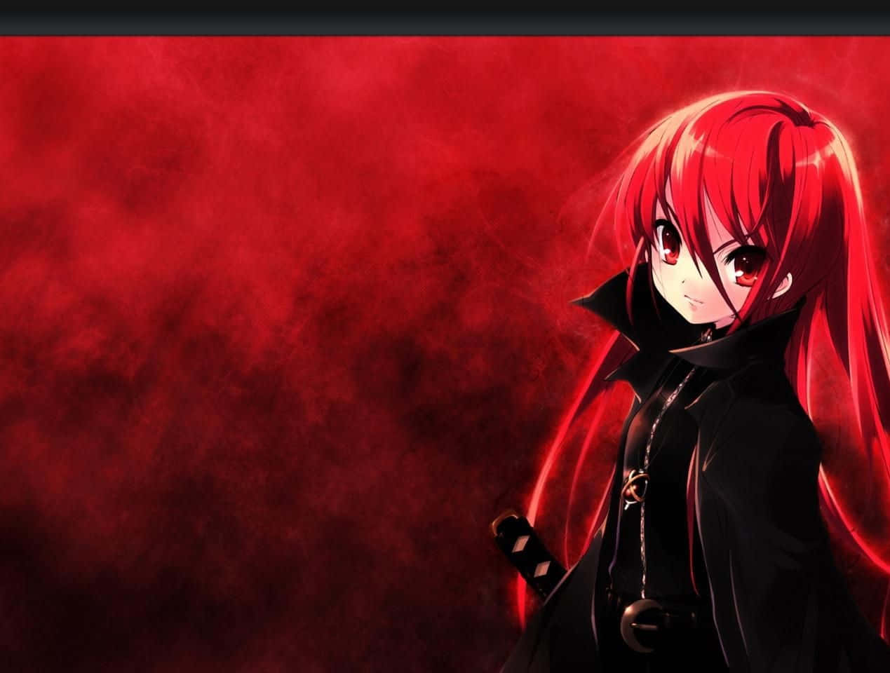 red-haired anime girl, black coat, smoky crimson backdrop, SD Desktop Wallpaper
