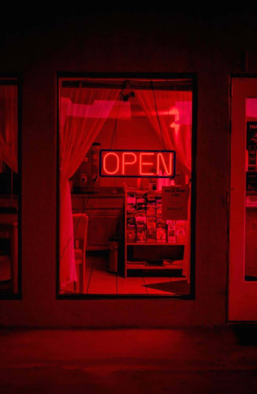 red neon open sign, window, dimly lit shop, HD Phone Wallpaper