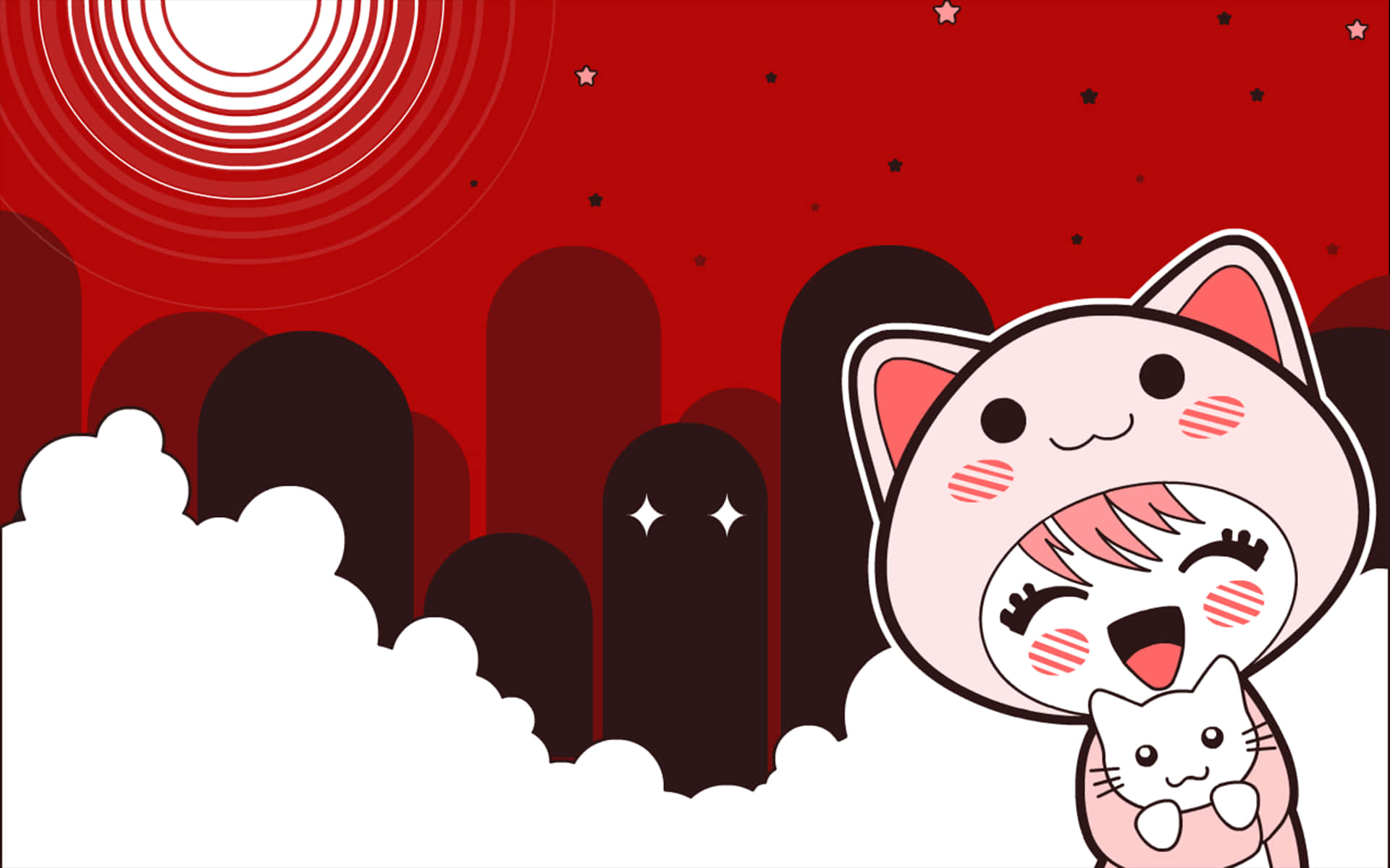 Cute Red Cat, pink hair, blush marks, Full HD Desktop Wallpaper