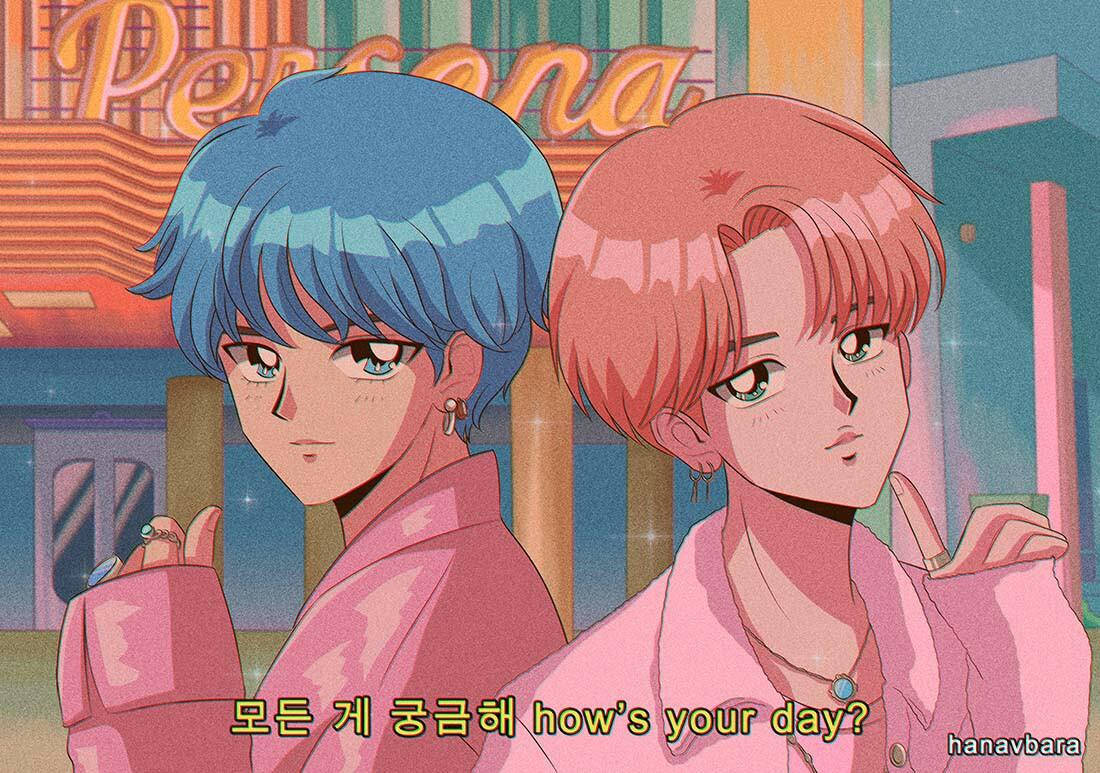 Cute Retro Anime Aesthetic, bishounen, blue and pink hair, SD Desktop Wallpaper