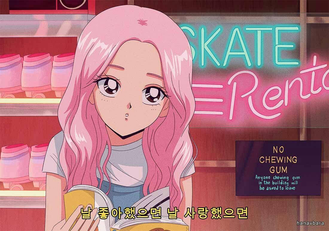 pink-haired anime girl, big eyes, glowing neon skate rental shop, SD Desktop Wallpaper