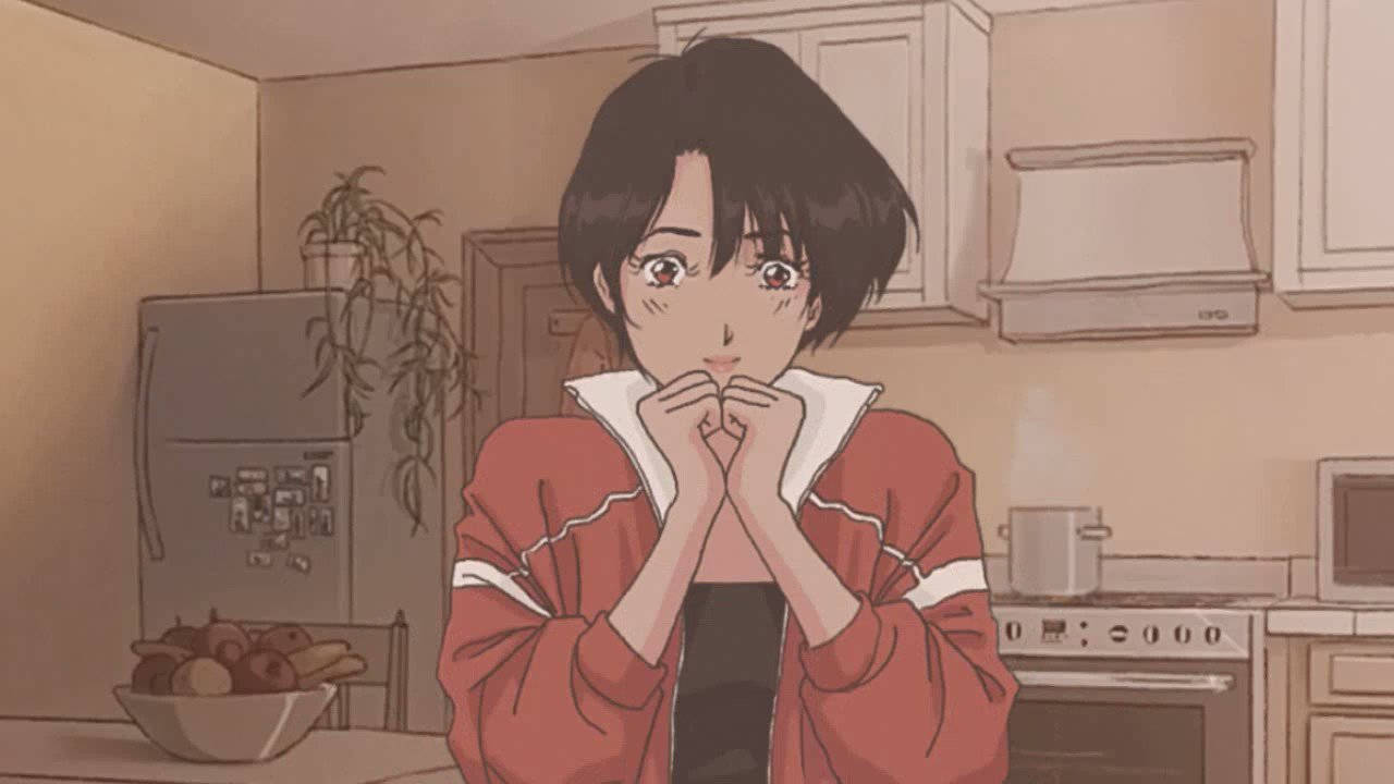cute retro anime aesthetic, kitchen, young anime girl, HD Desktop Wallpaper