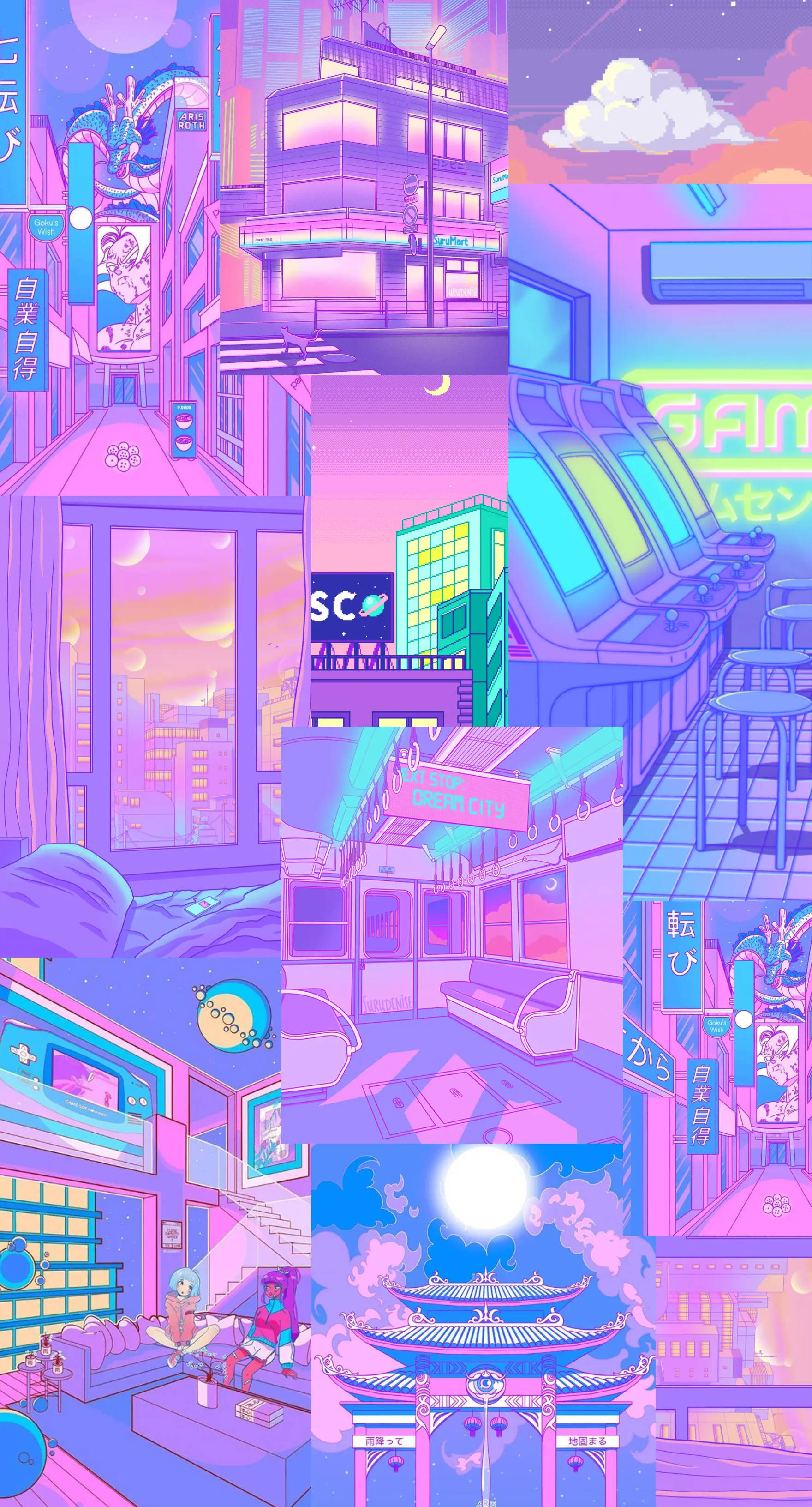 neon pink, purple cyberpunk cityscape, glowing buildings, 2K Phone Wallpaper