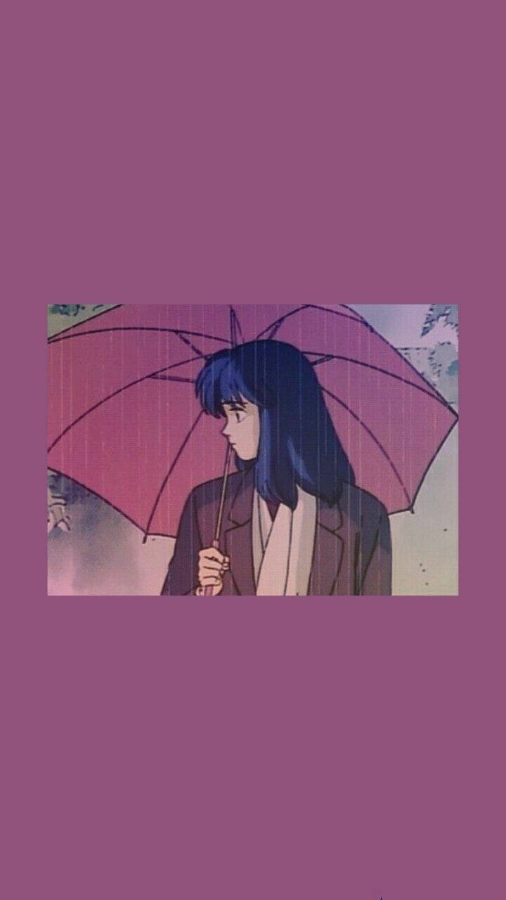 Cute Retro Anime Aesthetic, blue hair, pink umbrella, HD Phone Wallpaper